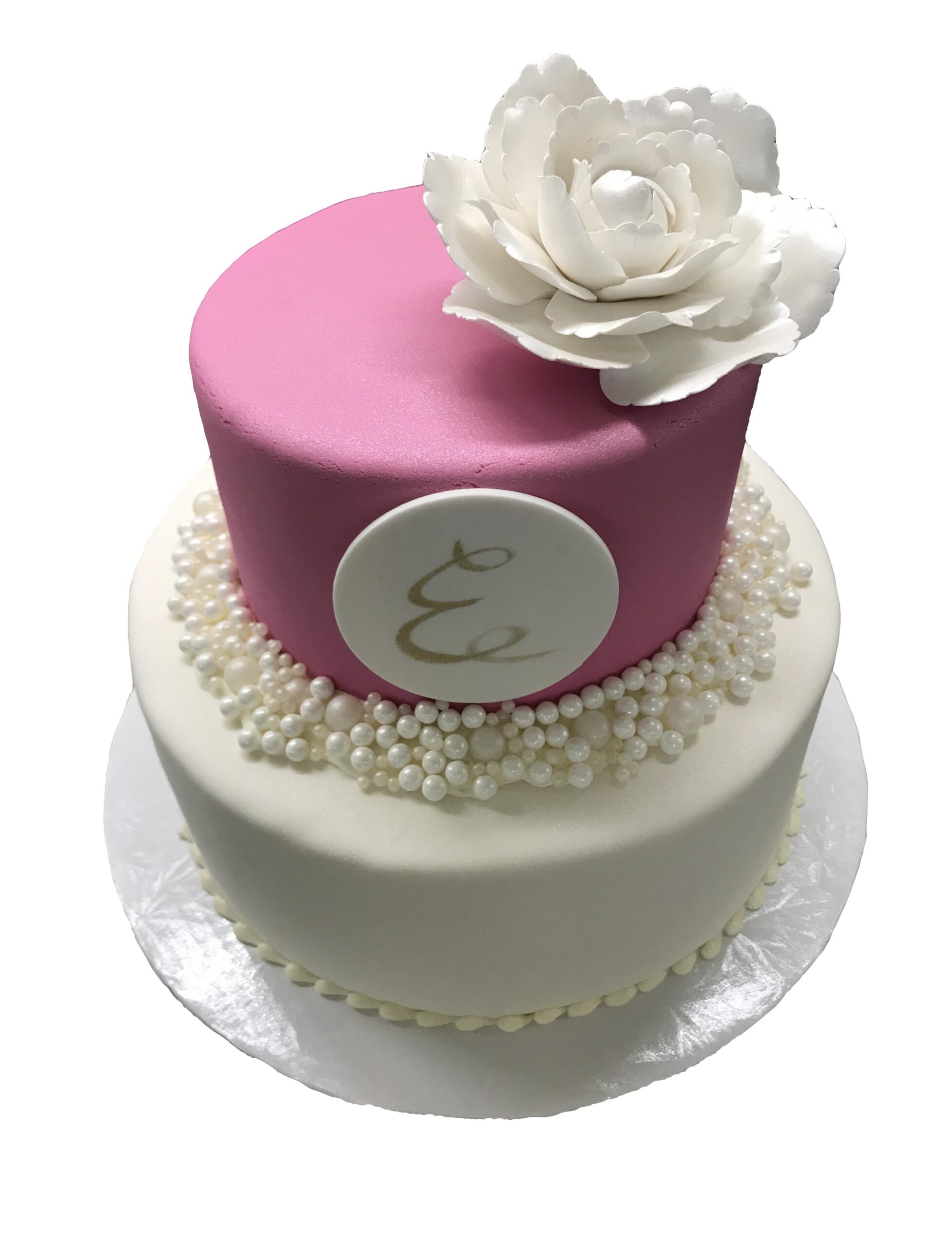 A5. Fondant covered two tier with pearl-ribbon and gumpaste peony