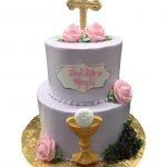 two tier first communion cake with roses
