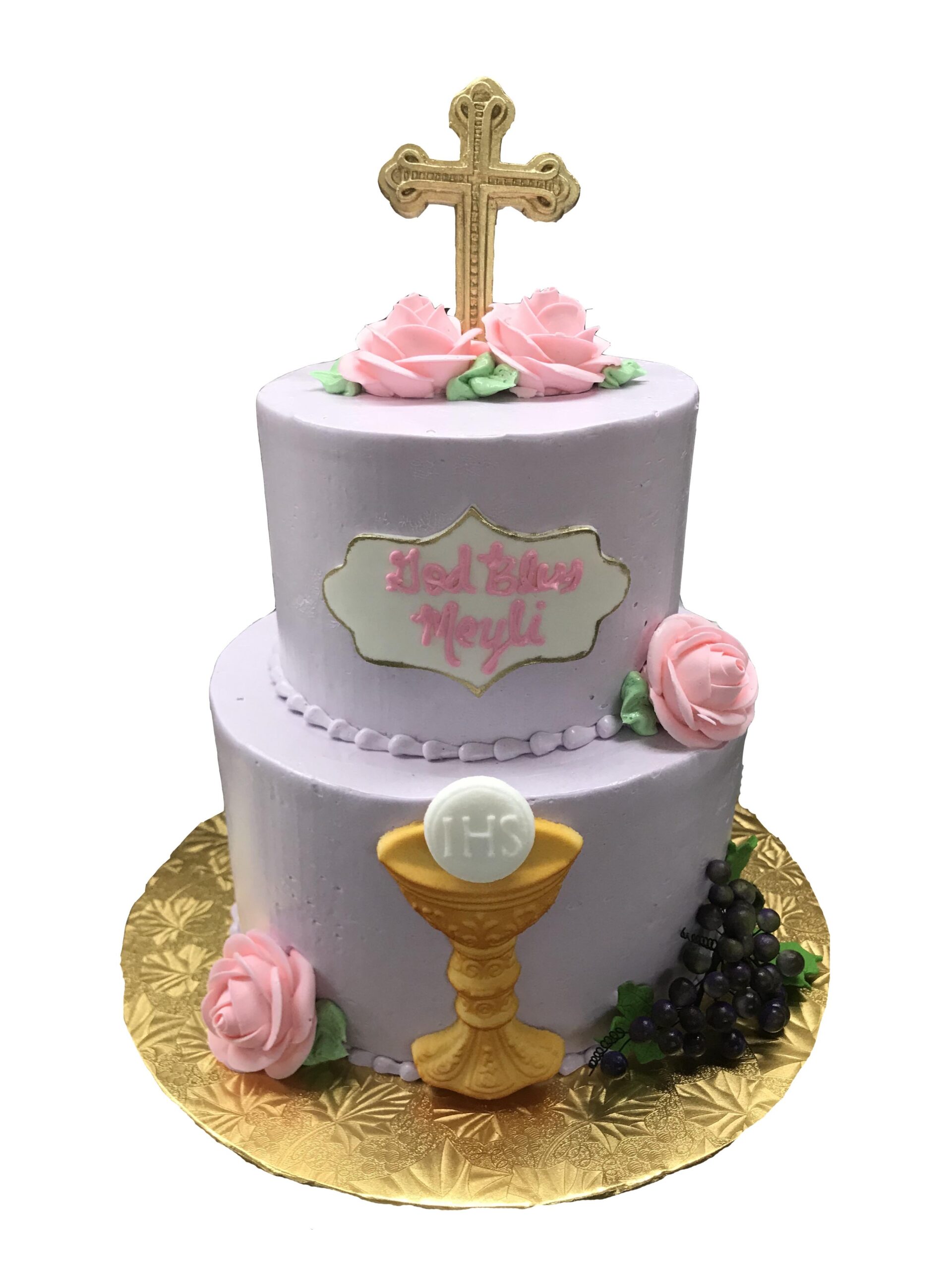two tier first communion cake with roses