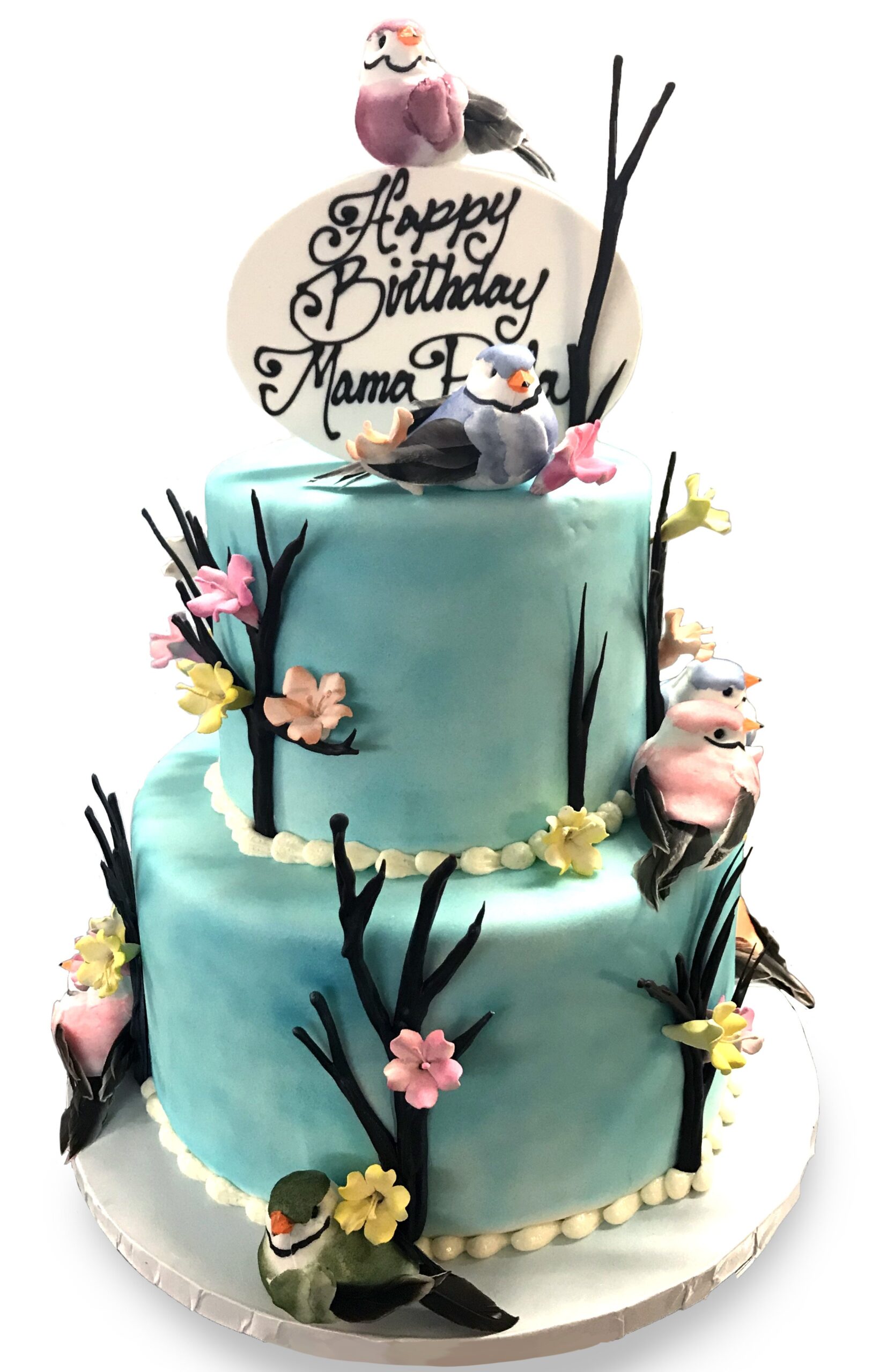 AB021. Two tier fondant covered cake with toy sparrows and chocolate branches