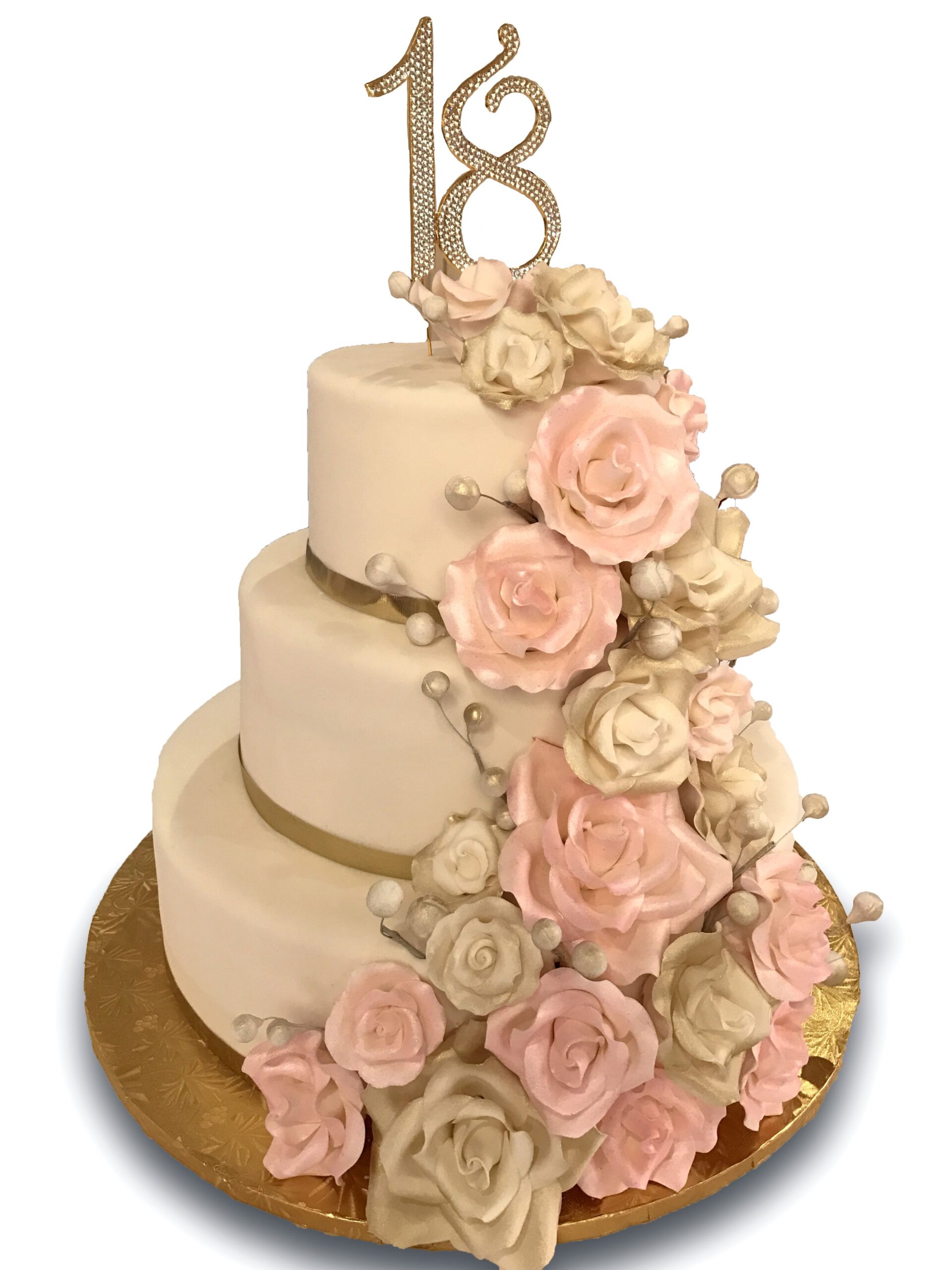 AB020. Three tier fondant covered cake with large gumpaste roses