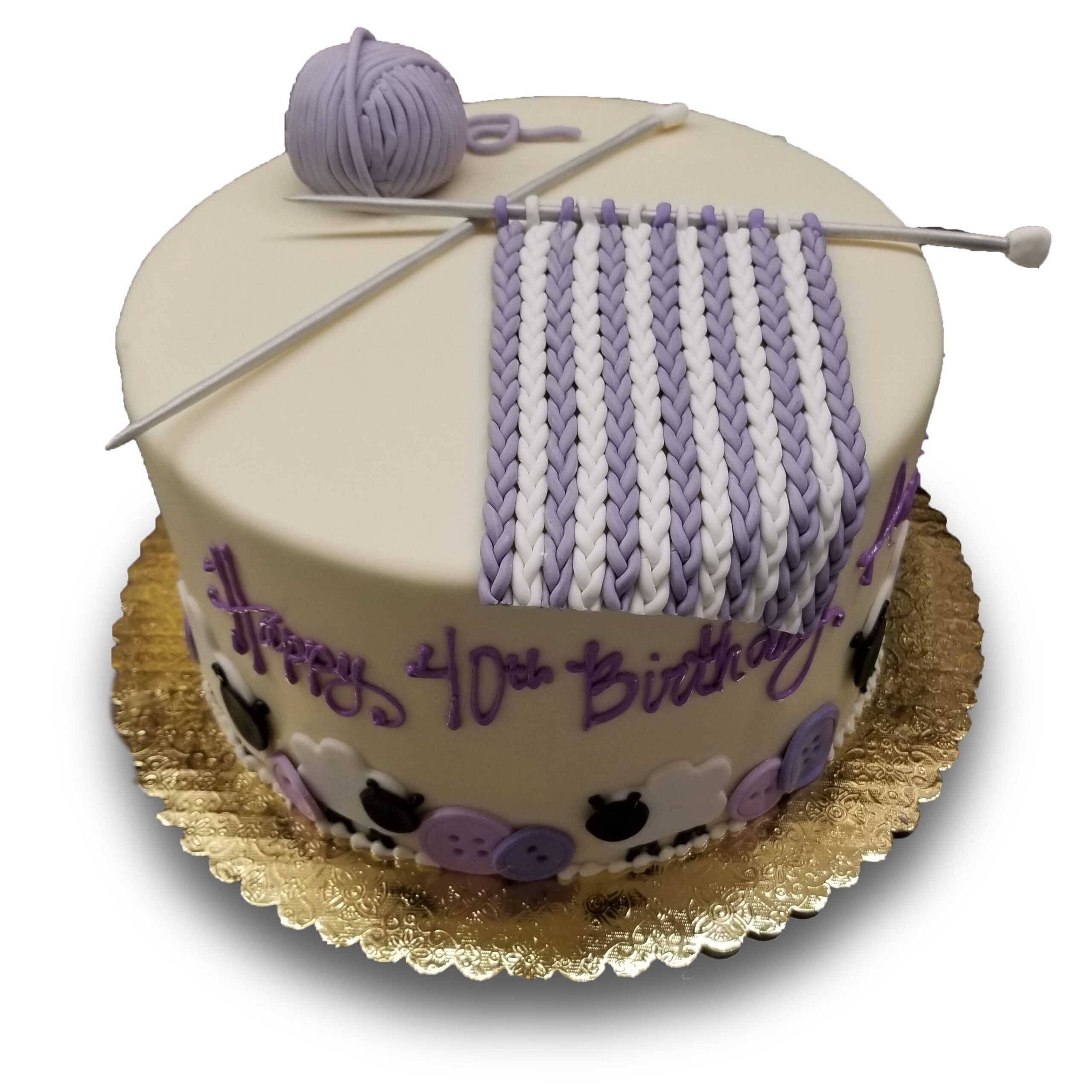 AB032. Fondant covered cake with fondant needles, knitting and sheep