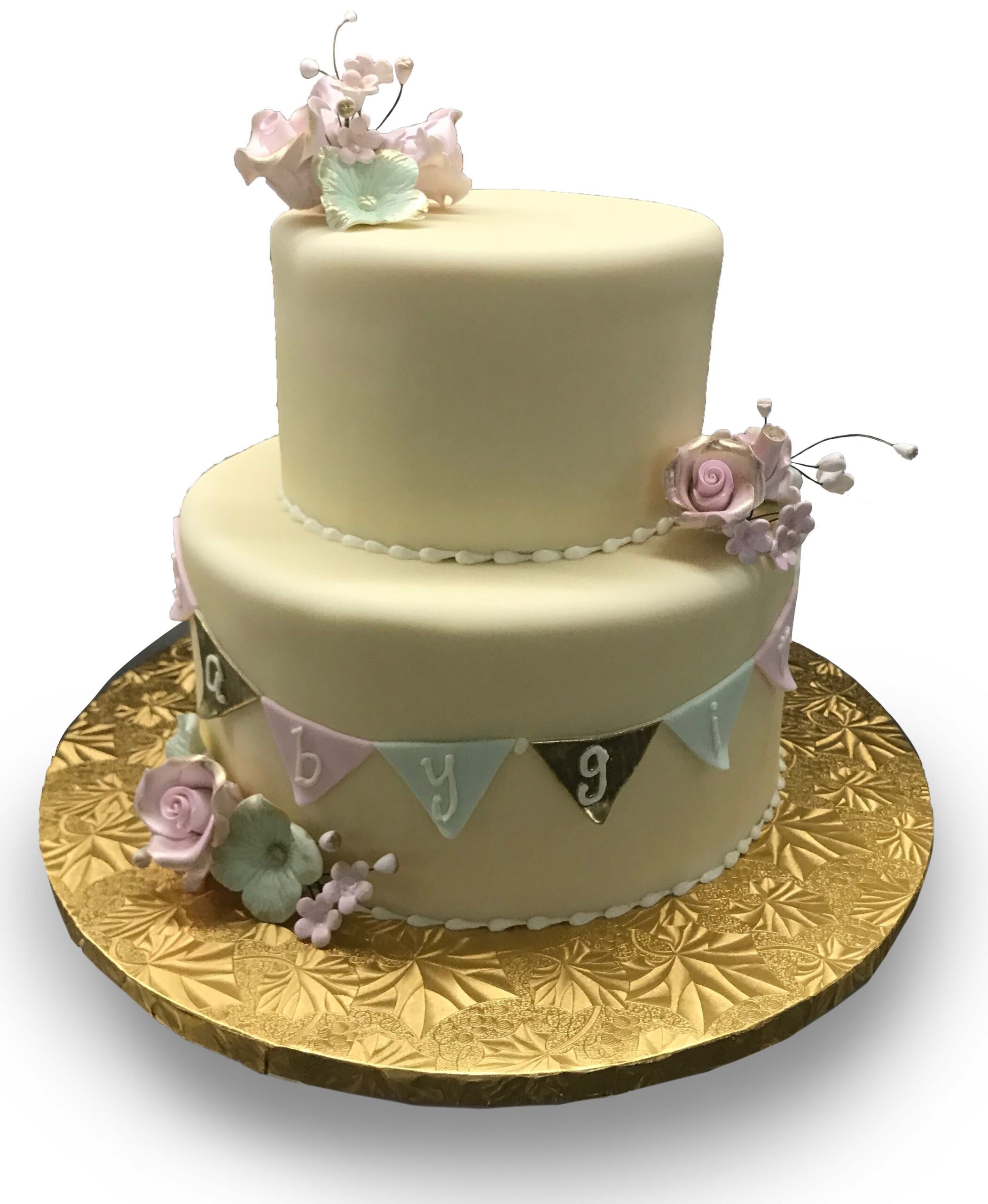 BS02. Pastel banner and gumpaste flowers baby shower cake