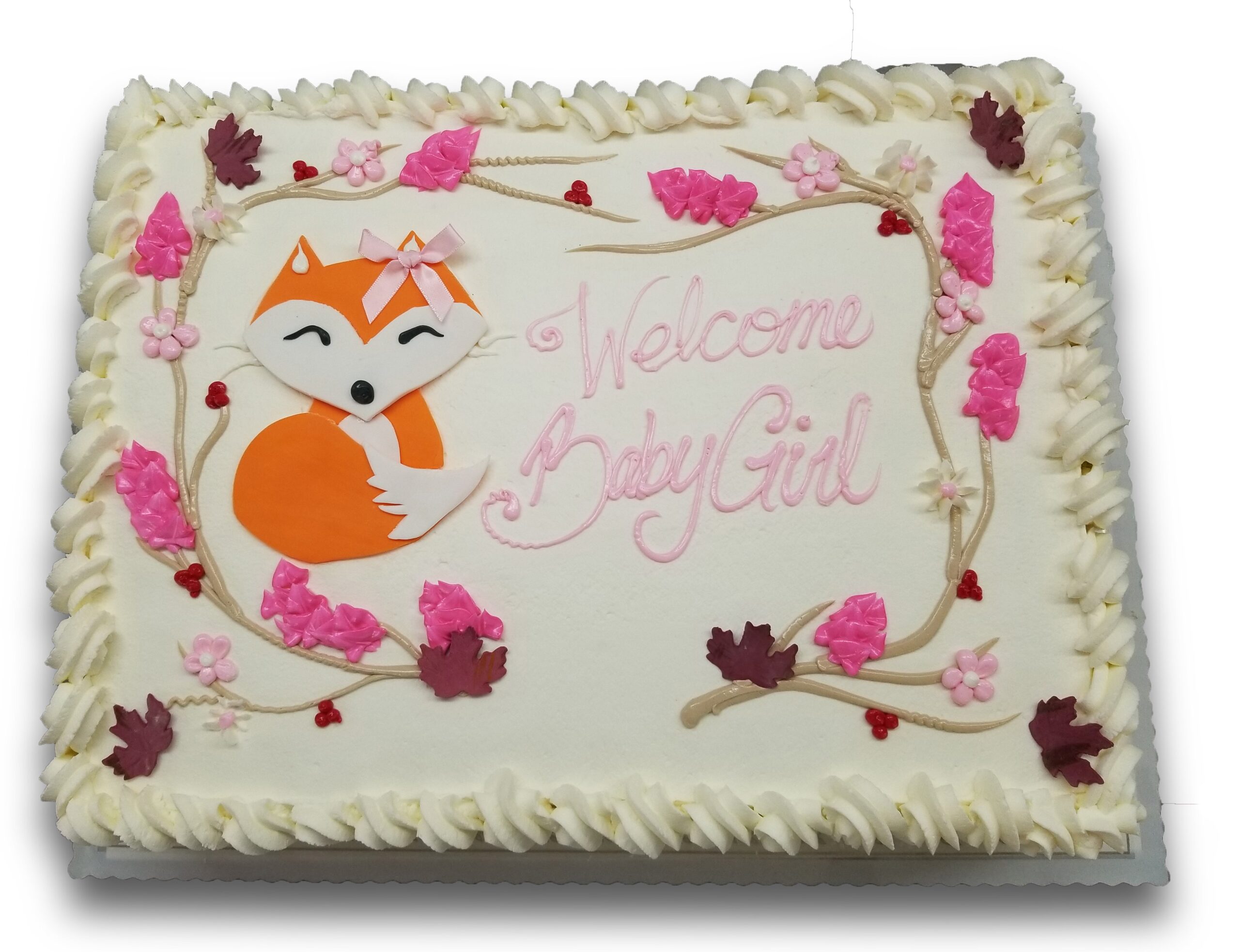 BS09. Fondant fox with buttercream leaves and branches on a whipped cream cake