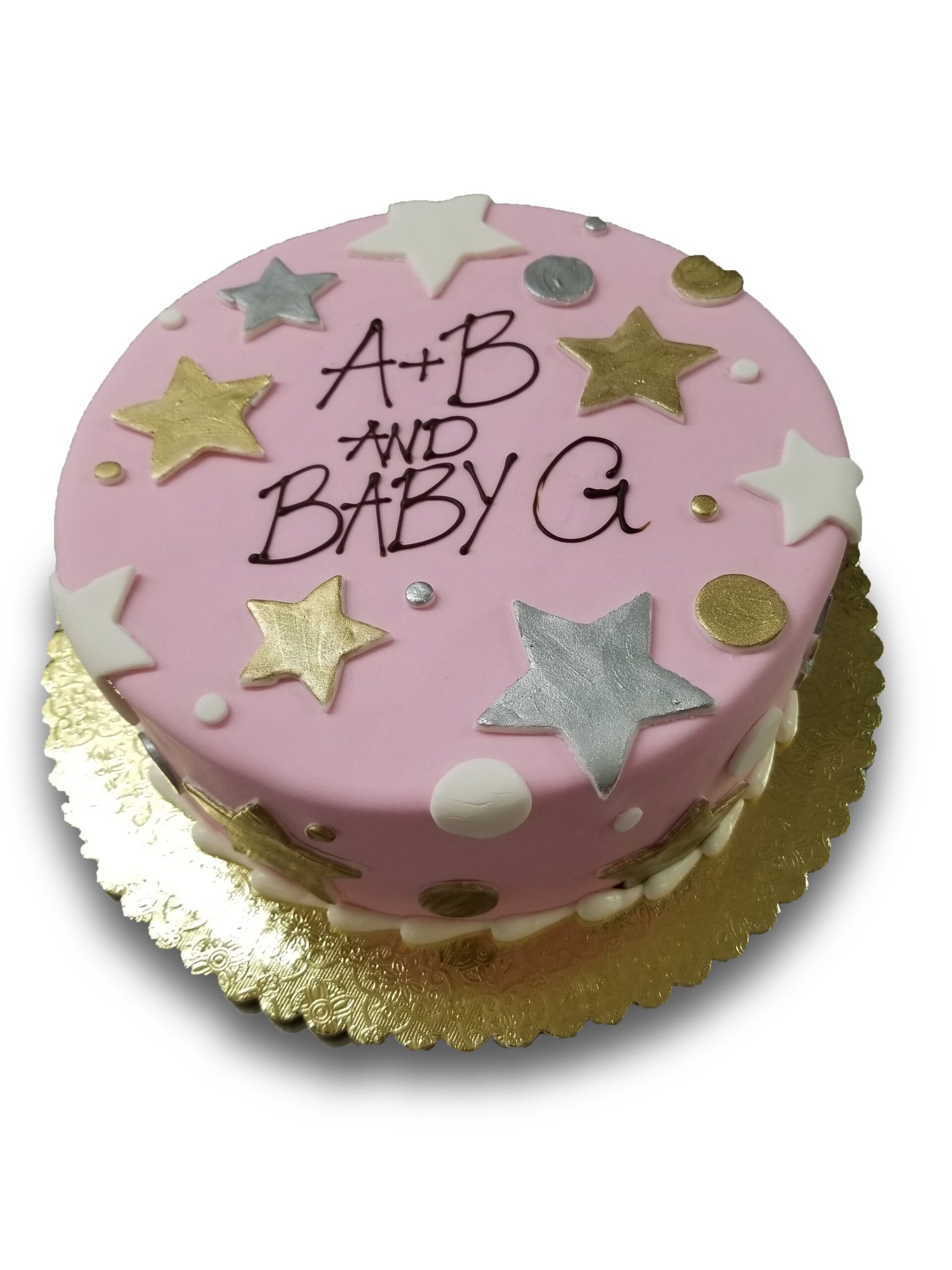 BS06. Gold and silver fondant stars and dots on a pink fondant covered cake