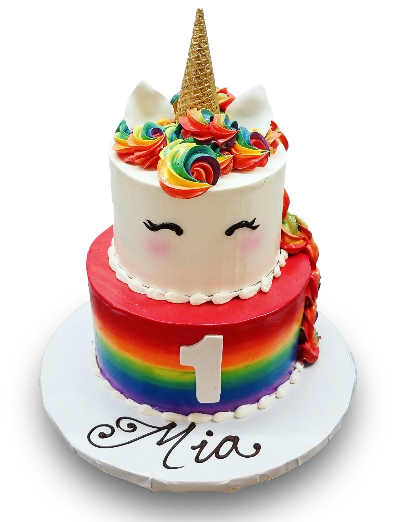 Bright rainbow unicorn birthday cake