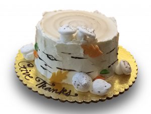 Birch stump thanksgiving cake with meringue mushrooms