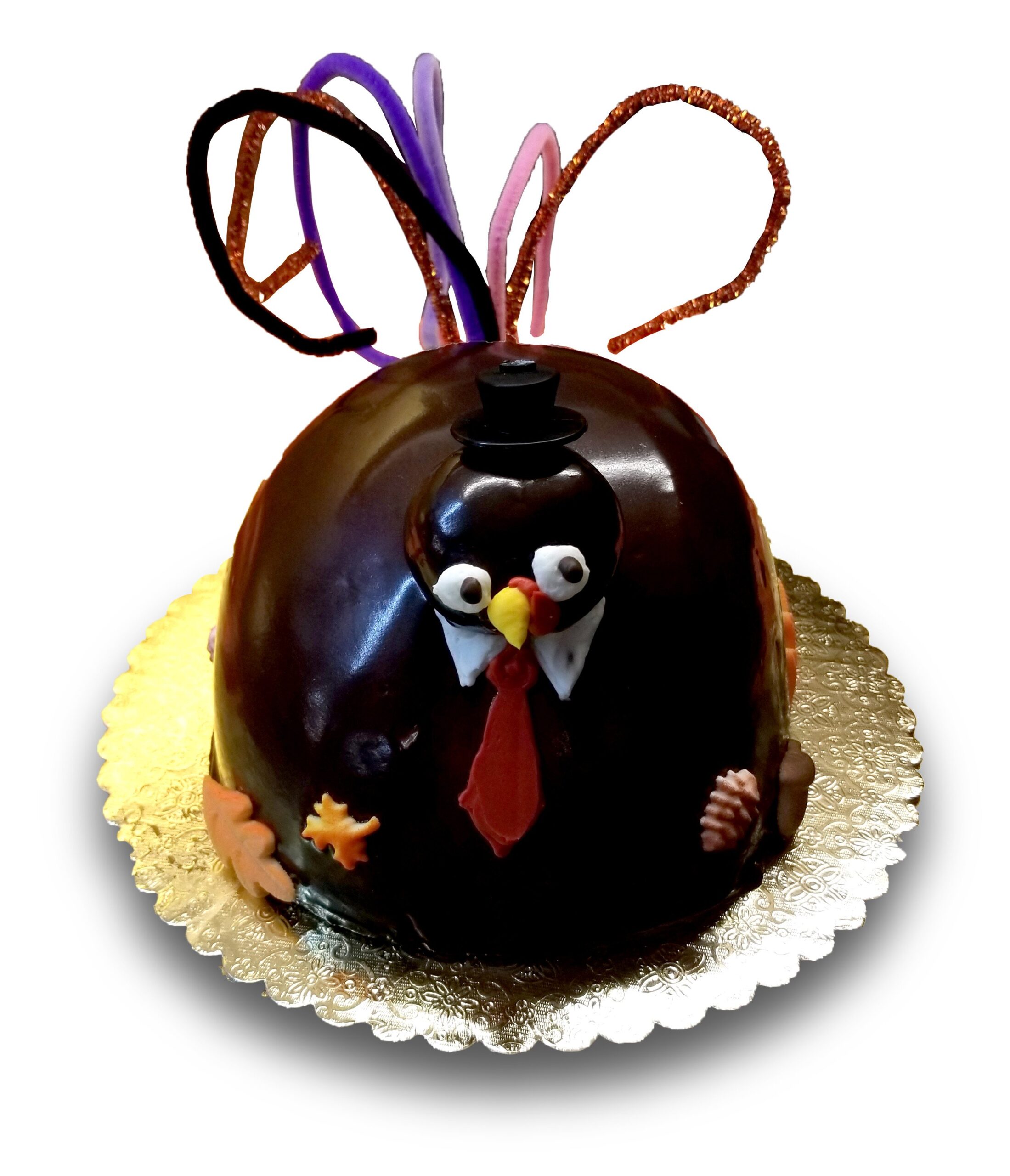 Turkey shaped Thanksgiving cake poured in ganache