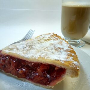 Strawberry Rhubarb Pie with coffee