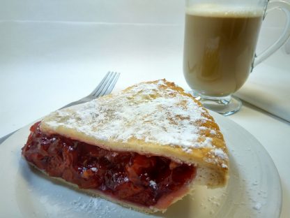 Strawberry Rhubarb Pie with coffee