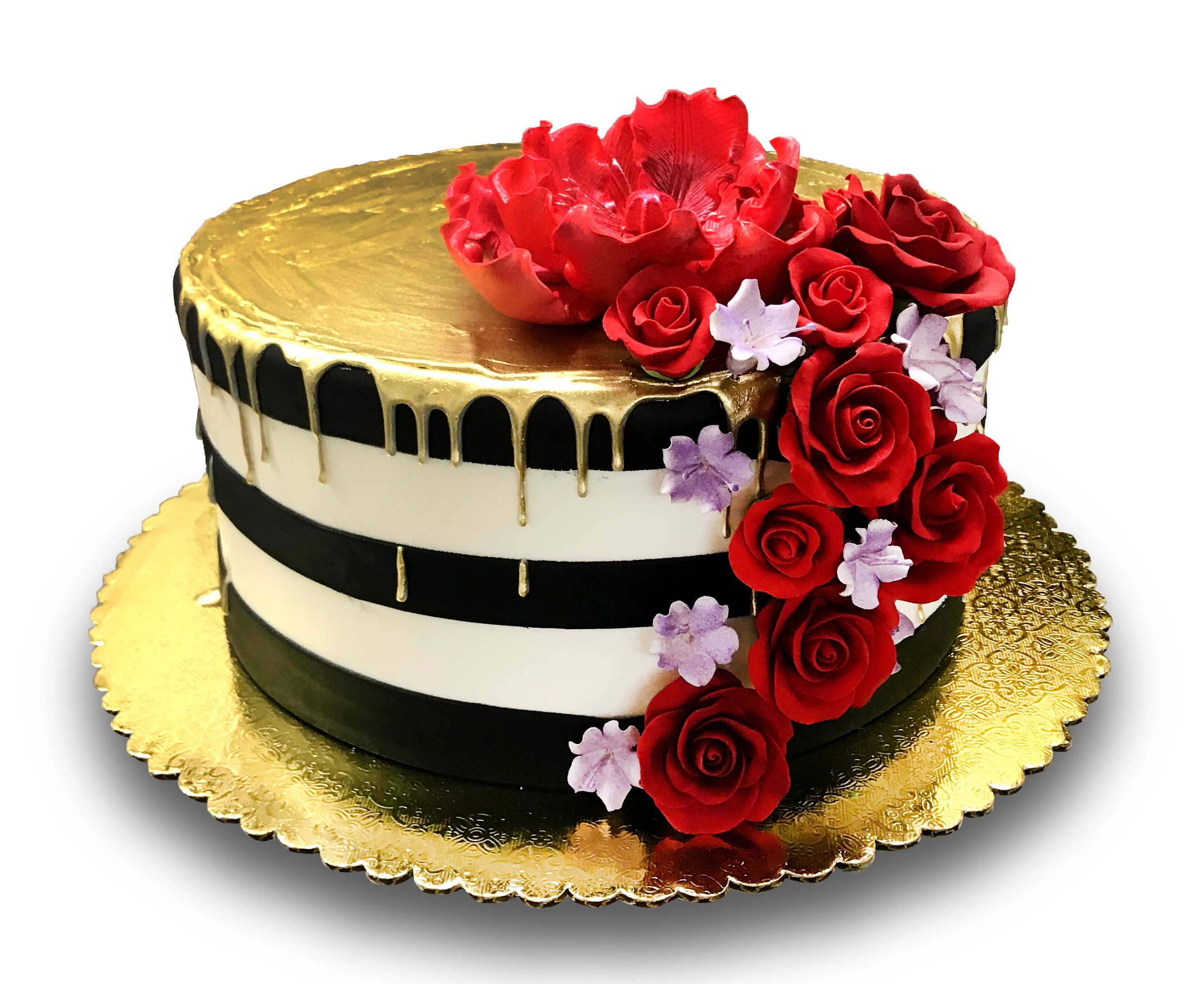 AB001. Black and white buttercream stripe with gold drip and gumpaste flowers