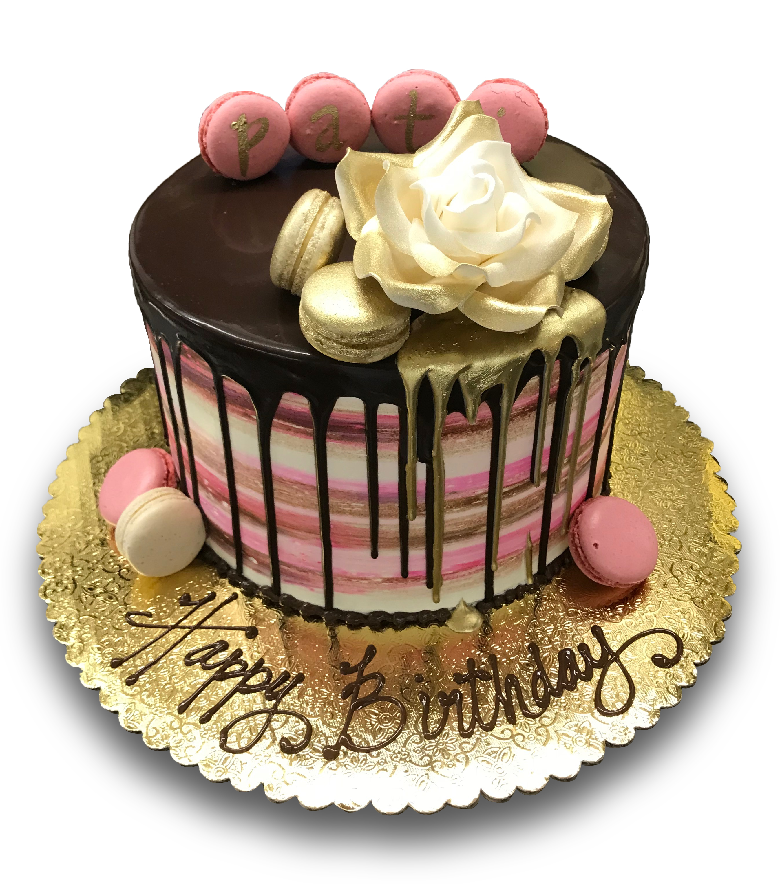 AB002. Brindled pink white and chocolate buttercream with chocolate drip, french macarons and gumpaste flower