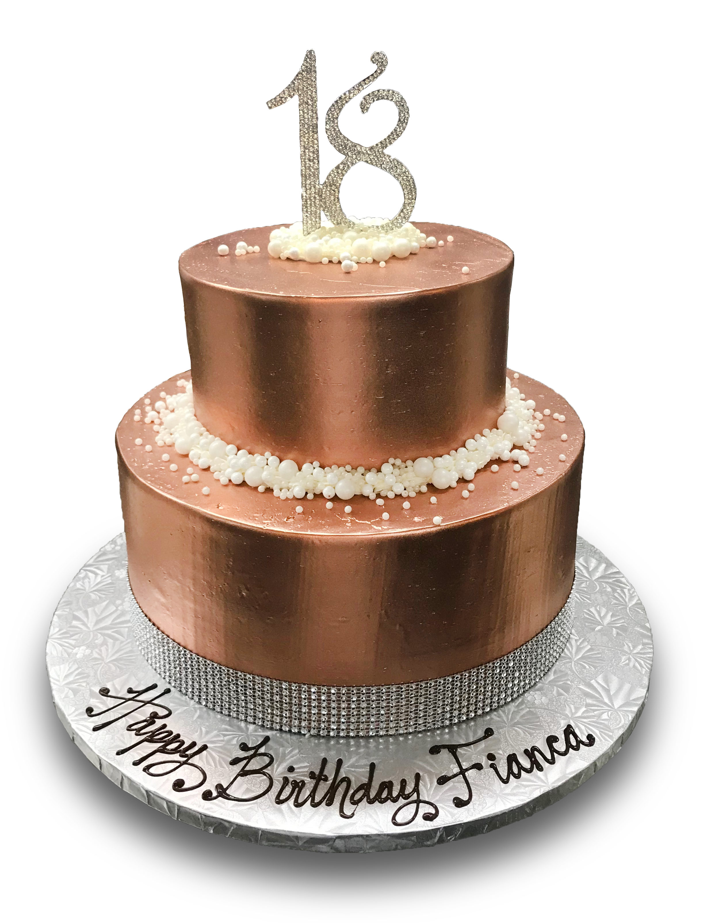 AB022. Two tier rose gold buttercream cake with assorted white pearls and rhinestone ribbon
