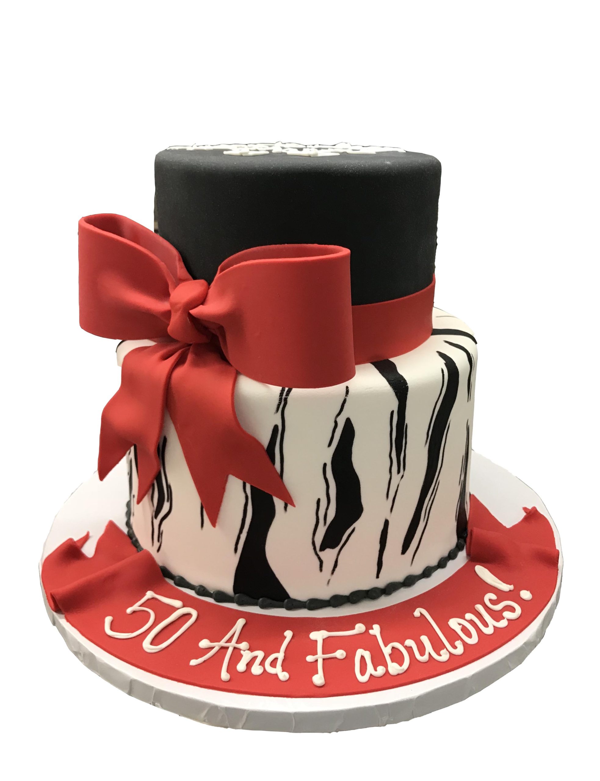 AB023. Two tier zebra striped cake with a big red gumpaste bow