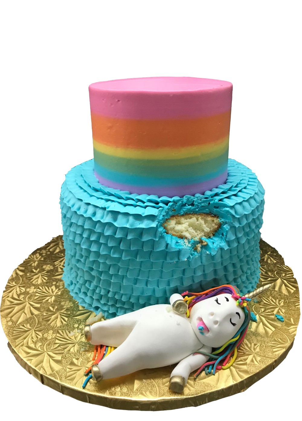 Two tiered rainbow ombre and ruffled cakes with gumpaste sleepy unicorn figure