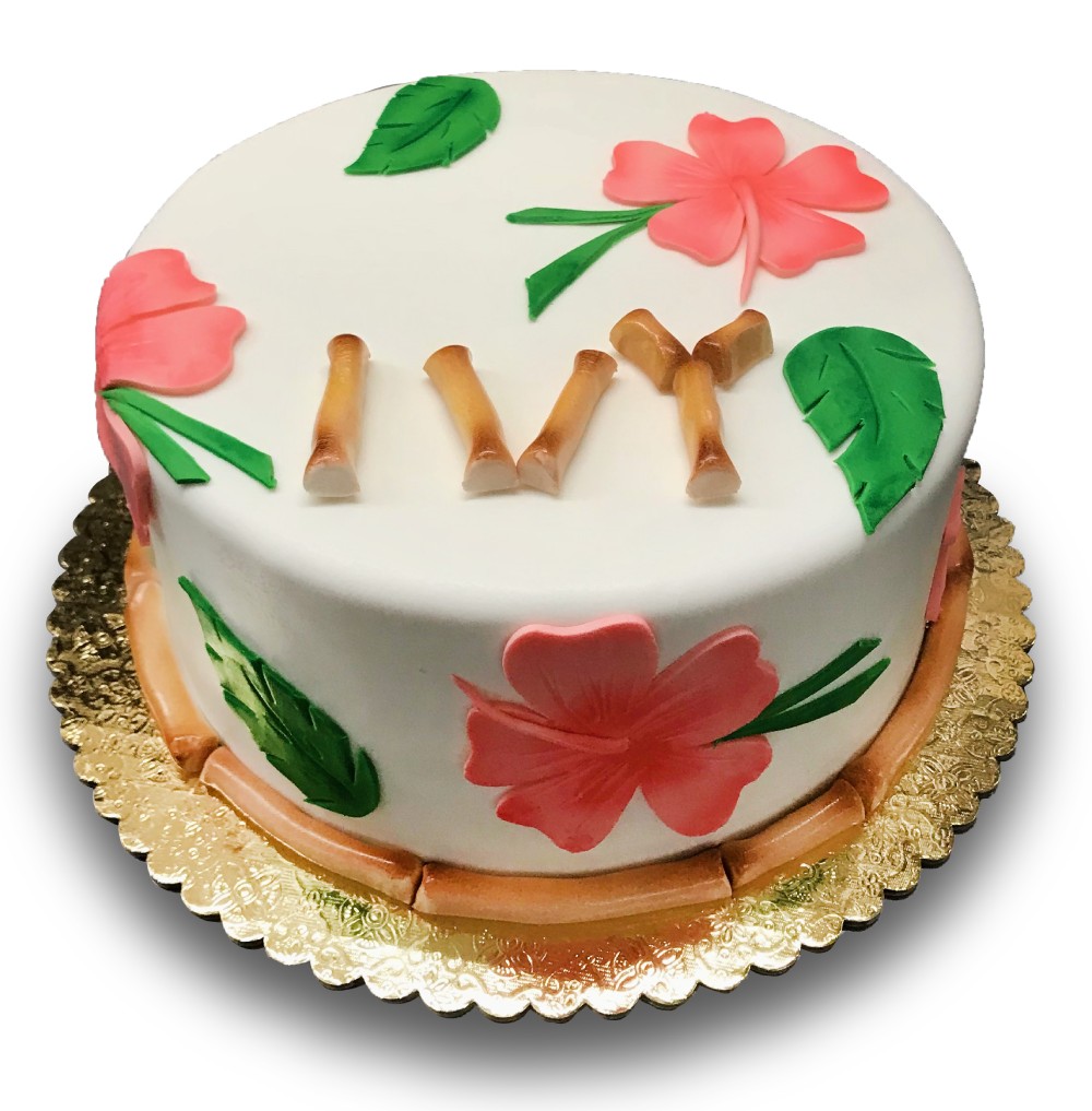 Fondant covered cake decorated with gumpaste bamboo and hibiscus.