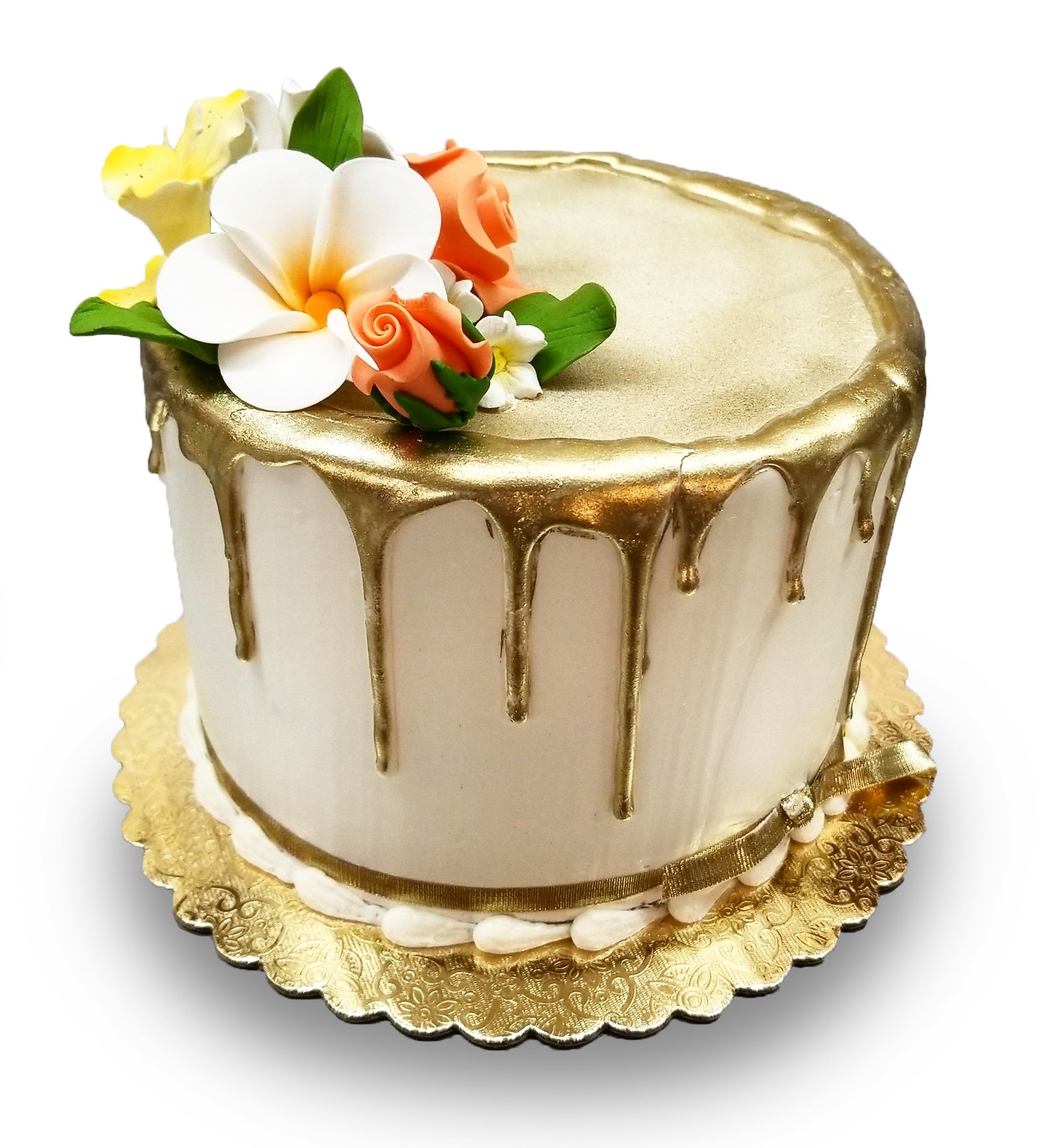 AB003. Assorted gumpaste flowers and dripping gold chocolate birthday cake