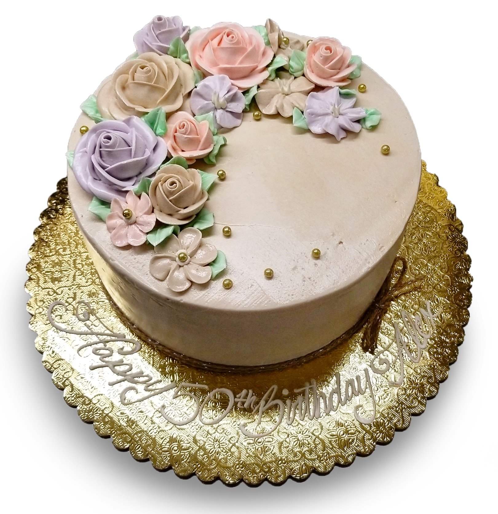 AB008. Birthday cake with pastel flowers in beige, lavender and blush