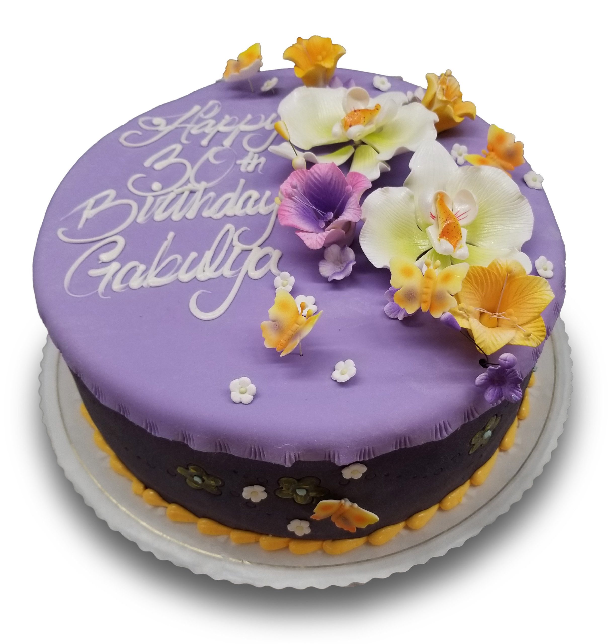 AB011. Lavender and violet fondant birthday cake with gumpaste orchids