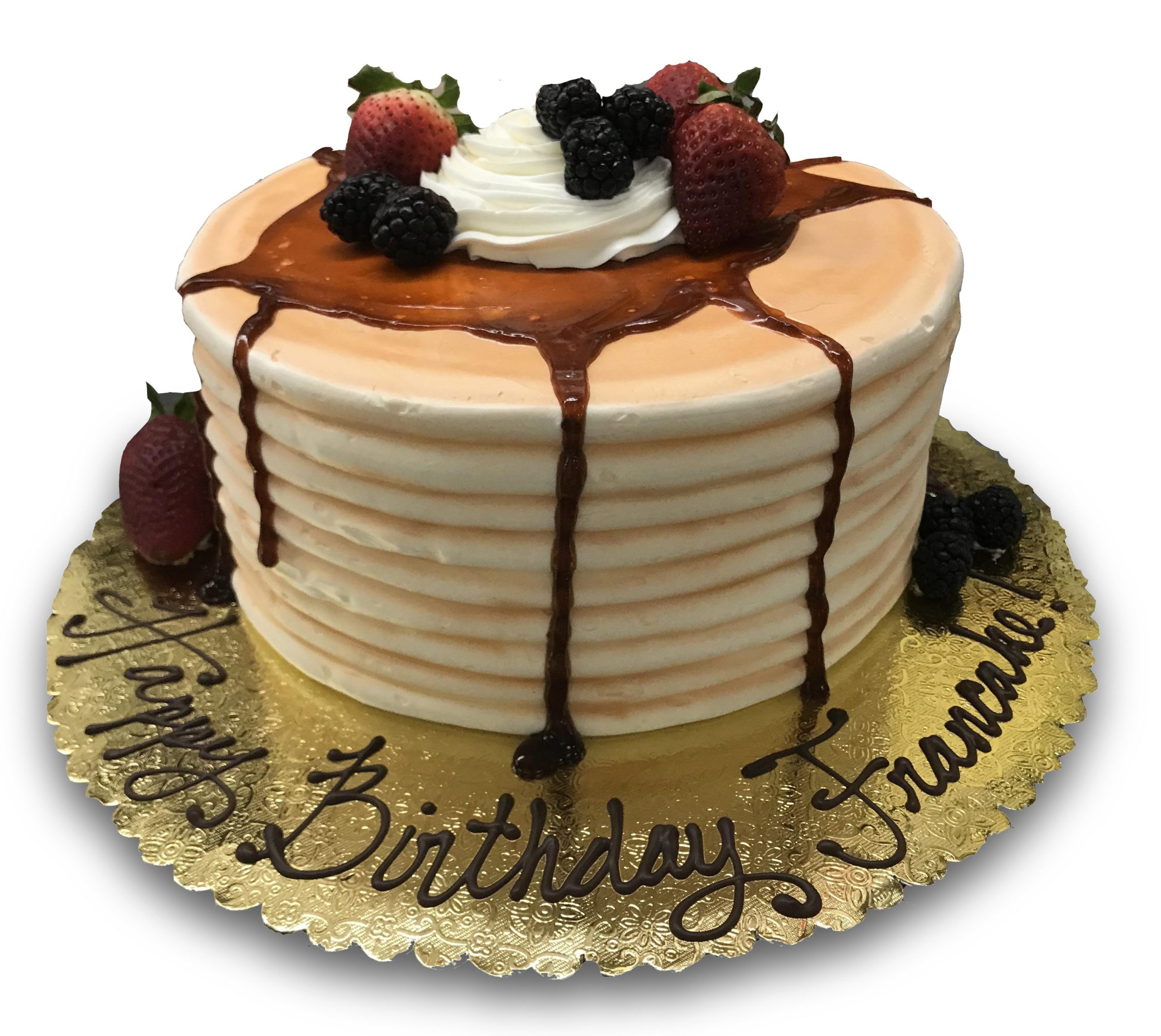 AB031. Pancake shaped birthday cake topped with fresh fruit