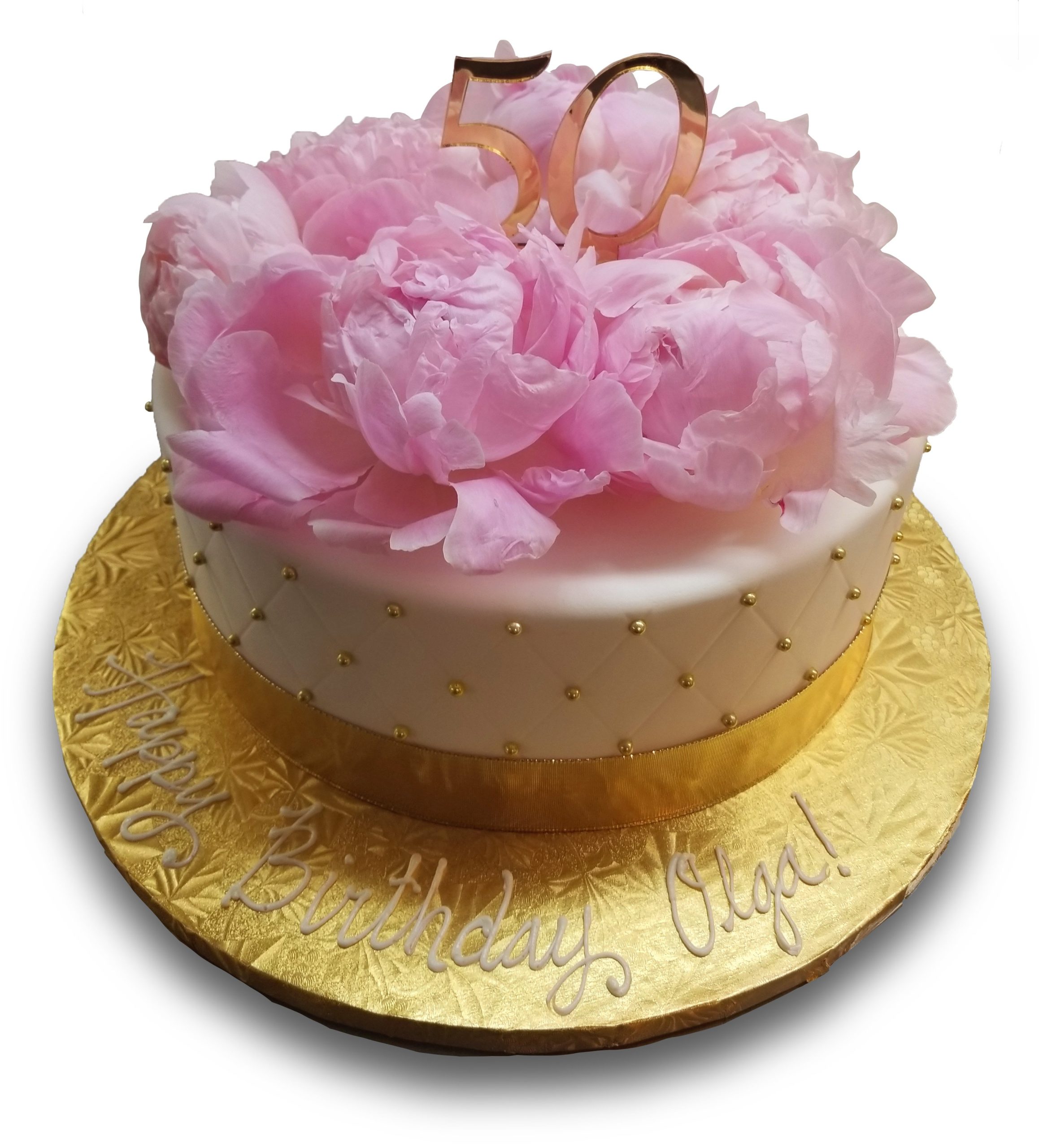 AB013. Quilted fondant cake with pink silk peonies and gold 50 topper