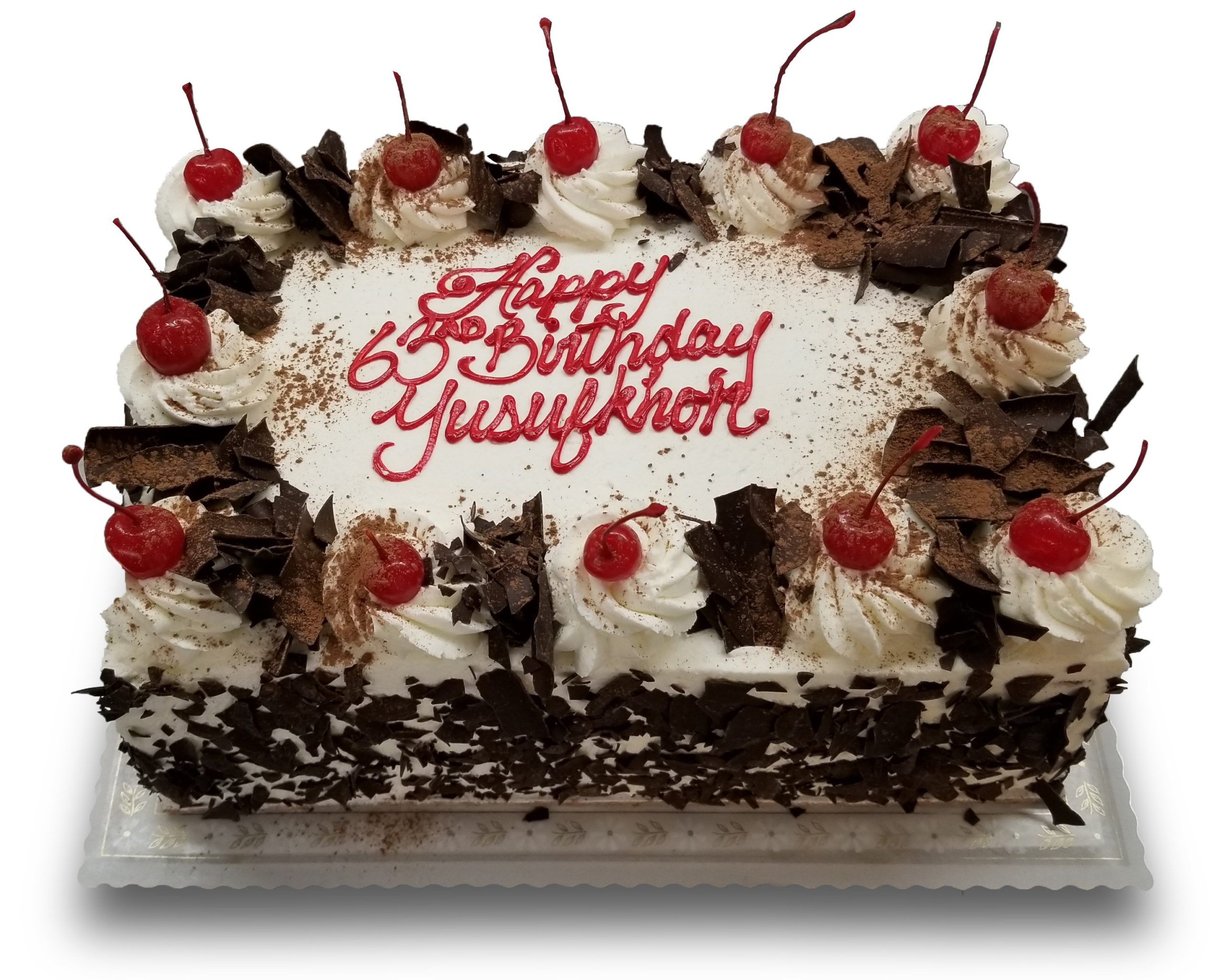 AB026. Black forest sheet cake with red writing