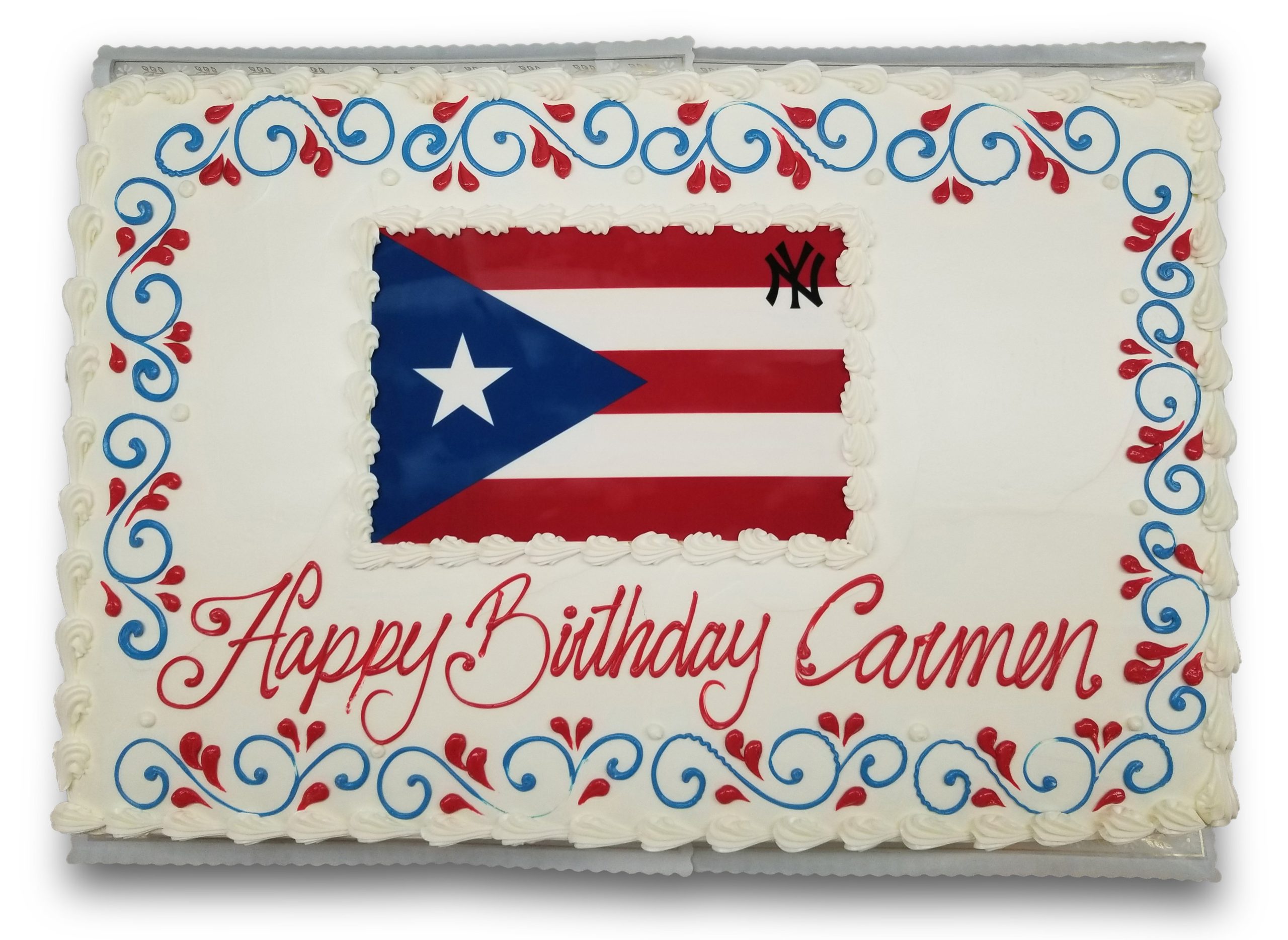 AB027. Puerto Rican flag scan birthday cake with multicolored scrolls