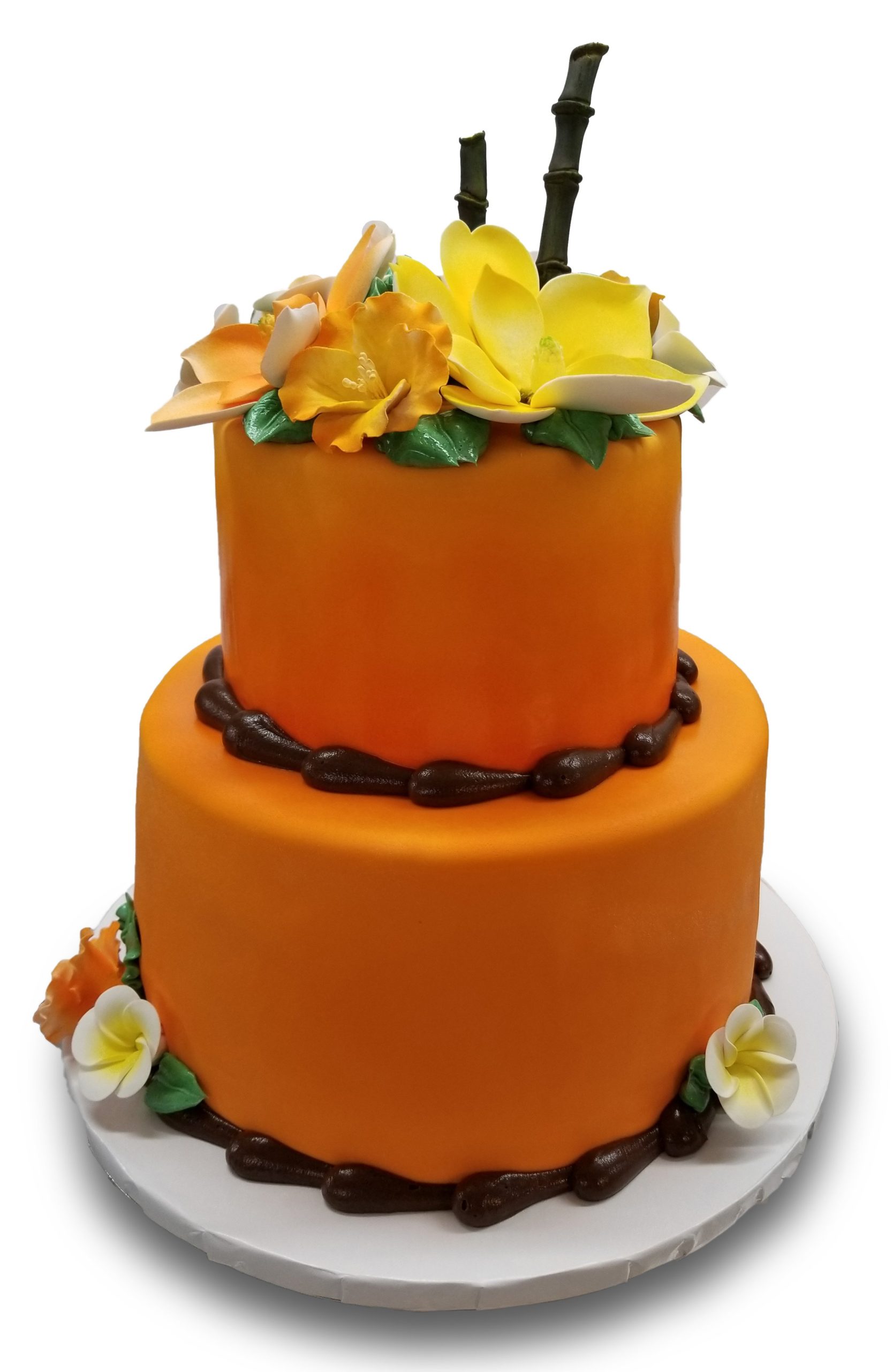 AB016. Orange tropical cake with gumpaste bamboo and flowers