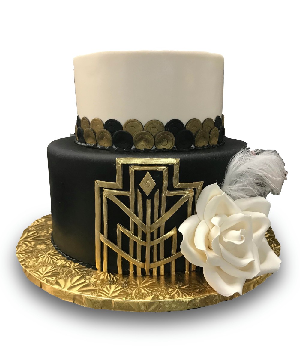 Fondant covered black and gold art deco style cake with gumpaste rose