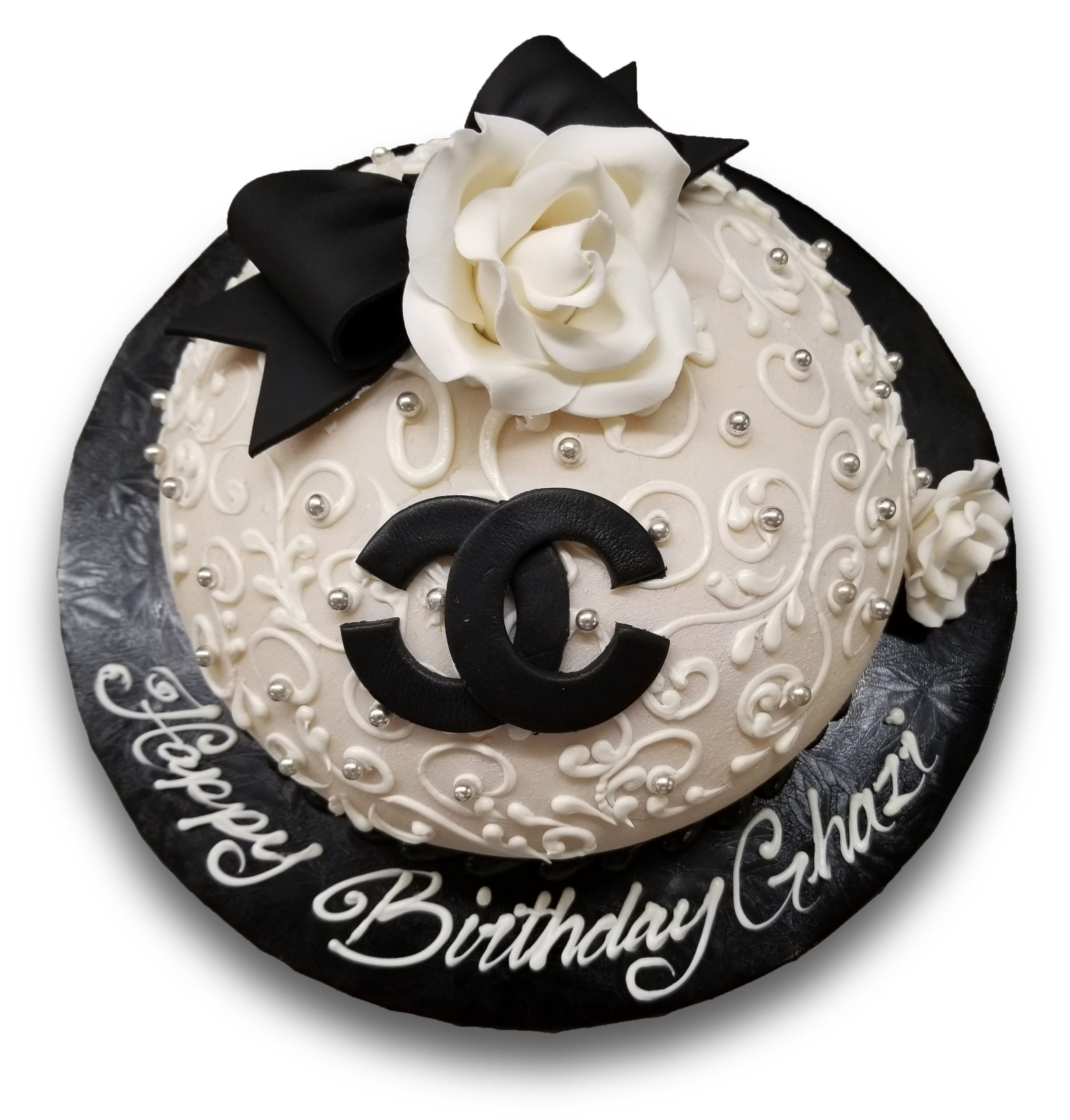 AB015B. Black and white chanel princess cake with gumpaste rose and bow