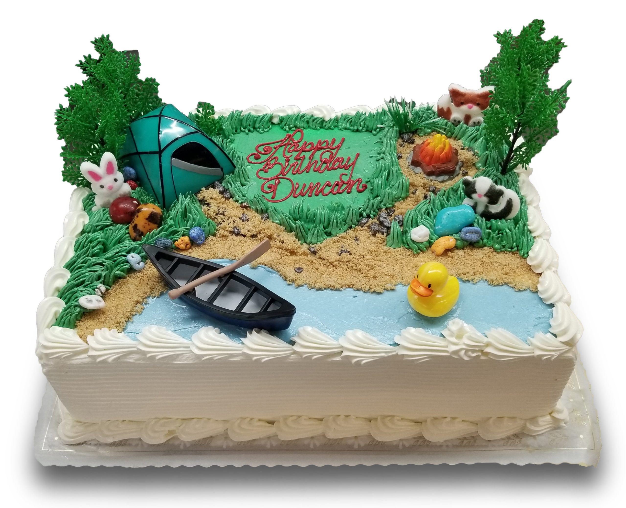 AB028A. Camping themed sheet cake with decopack toys, sugar animals and chocolate rocks (sheet cake)