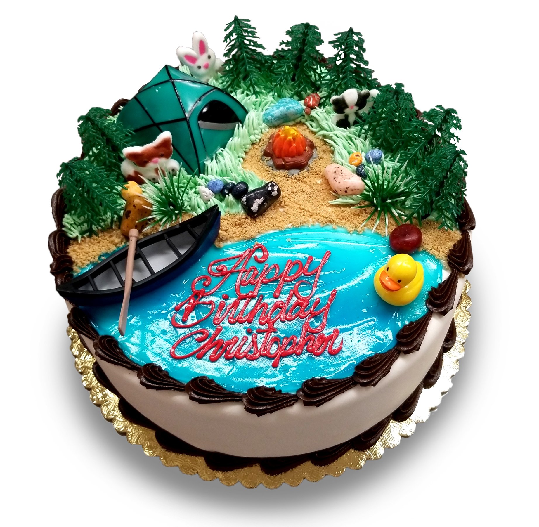 AB028B. Camping themed cake with decopack toys, sugar animals and chocolate rocks (round)
