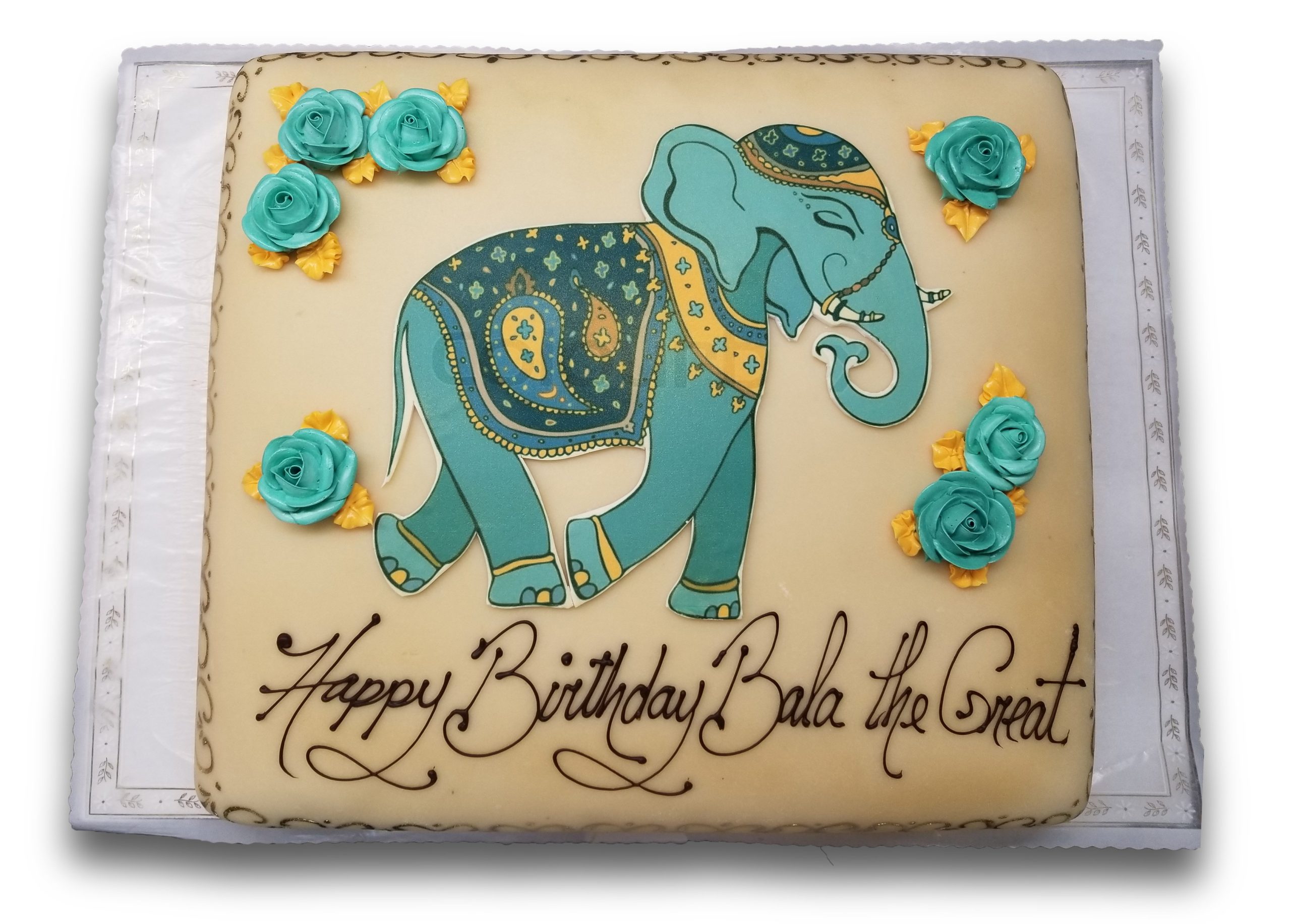 AB025. Teal elephant edible scan image birthday cake with teal and gold roses