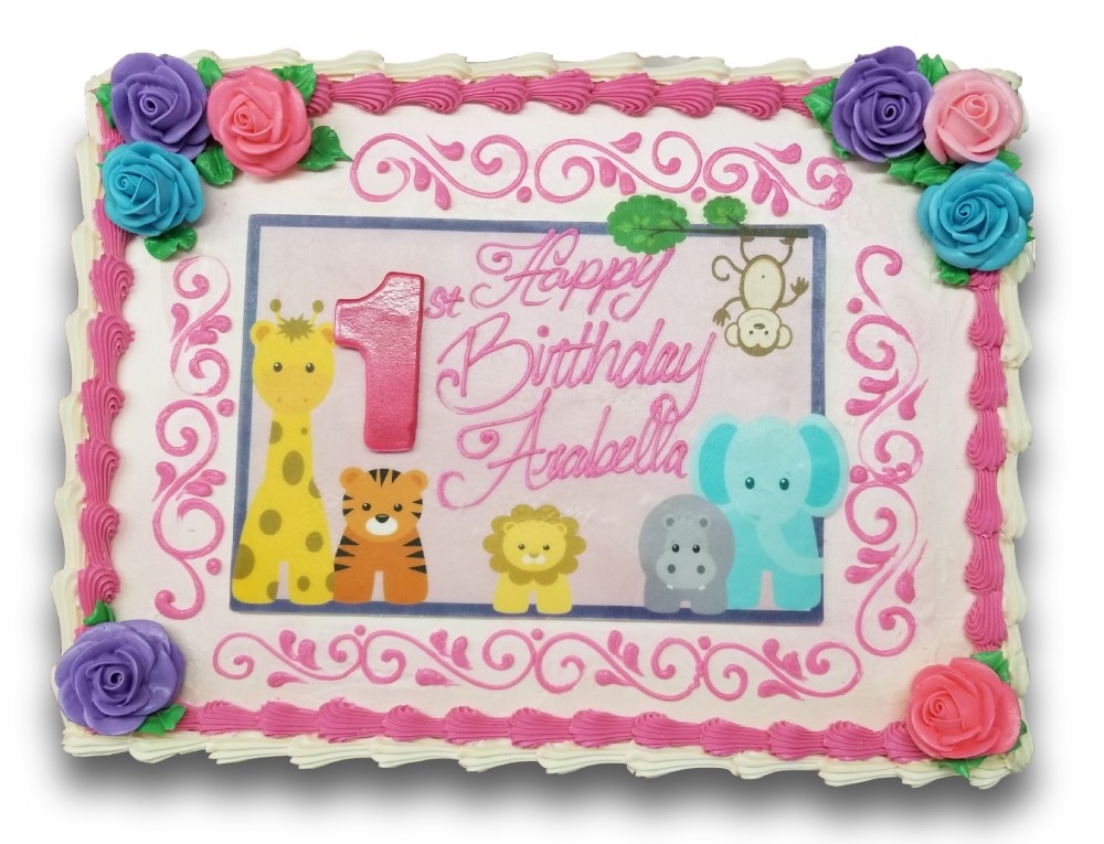 Cute zoo animal scan birthday cake with assorted roses and pink scrolls