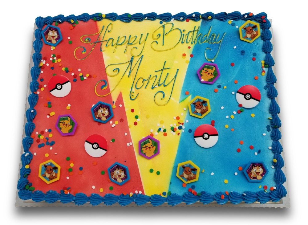 Airbrushed pokemon cake with pokemon rings and sprinkles
