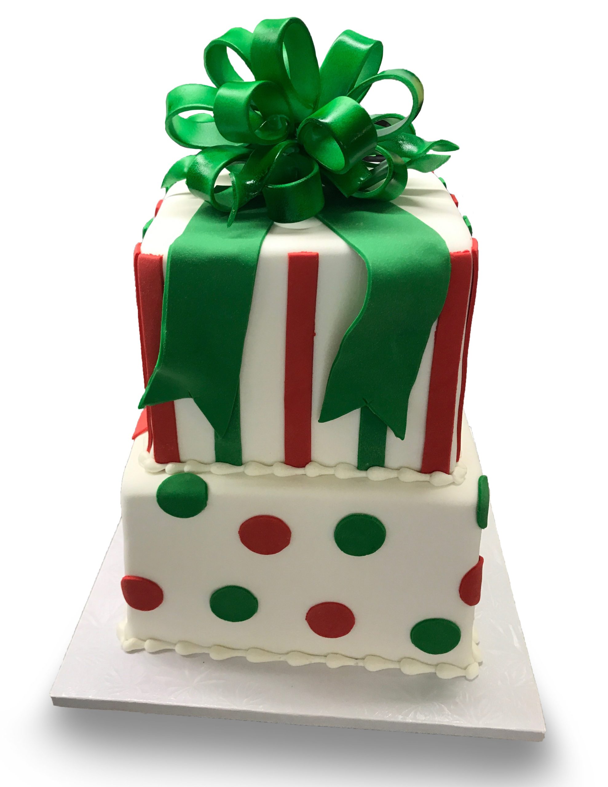 Fondant covered two tier presents cake with gumpaste bow 