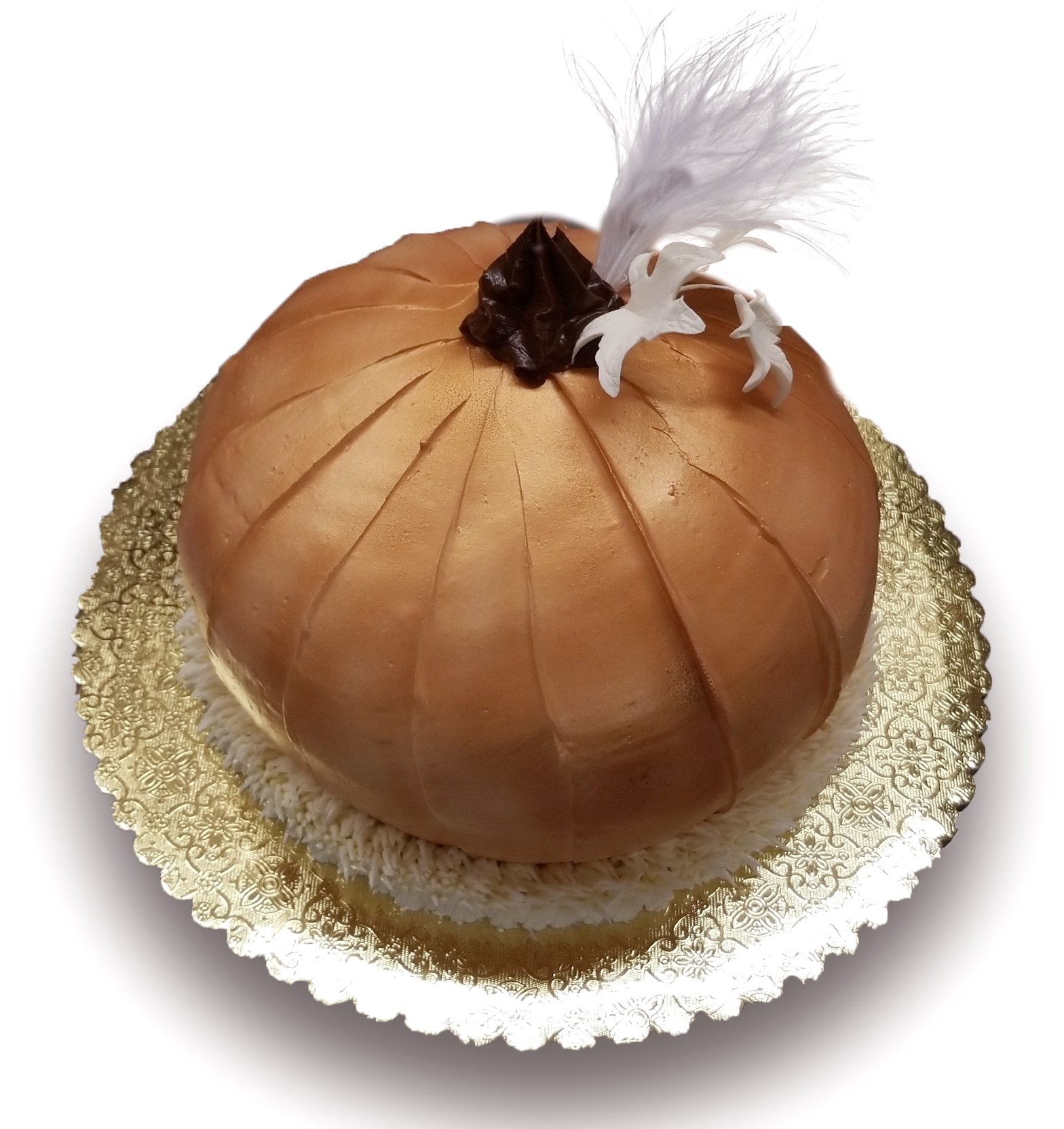 Pumpkin shaped cake with feather and gumpaste leaves