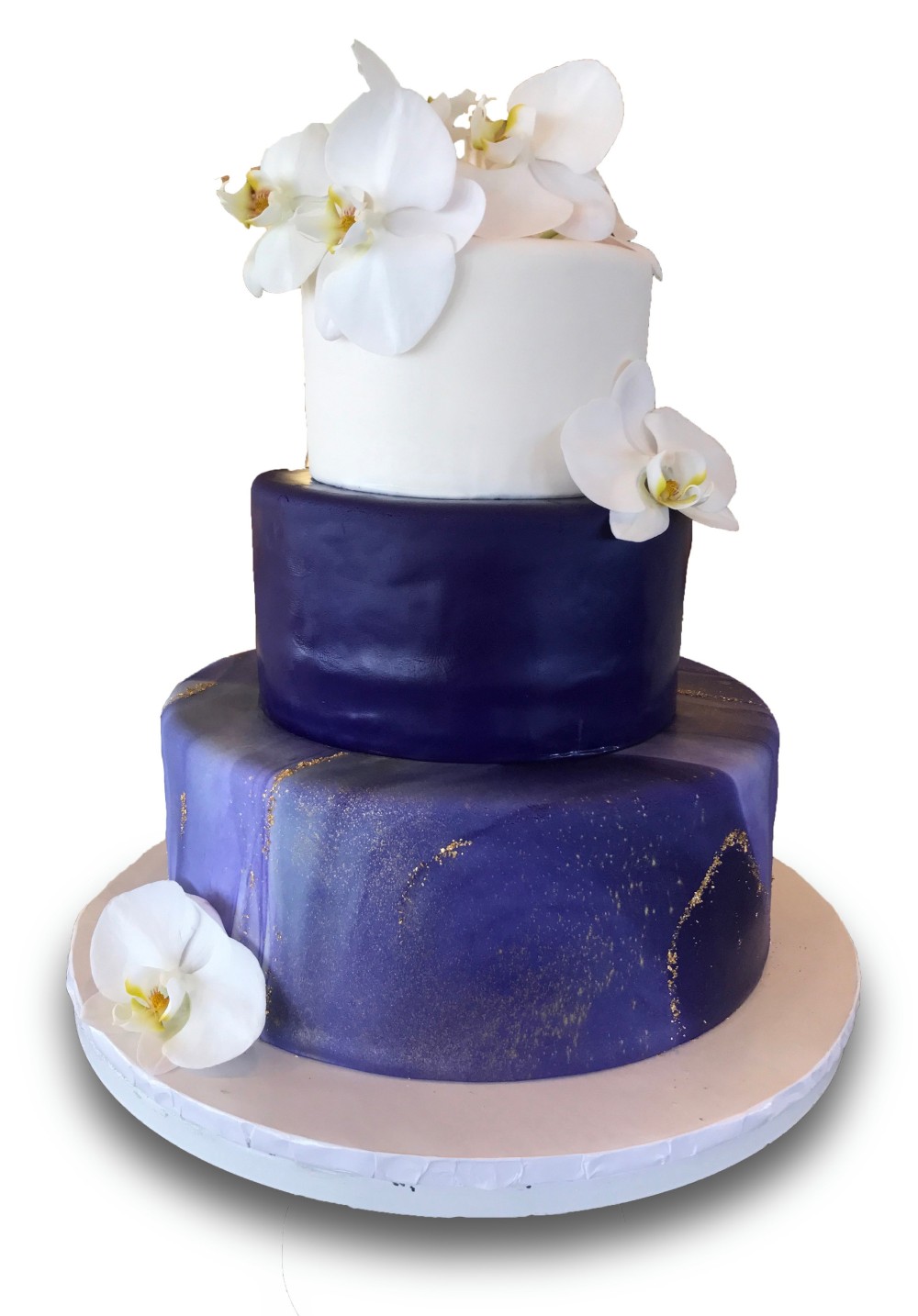 Three tier fondant covered cake with gumpaste orchids 