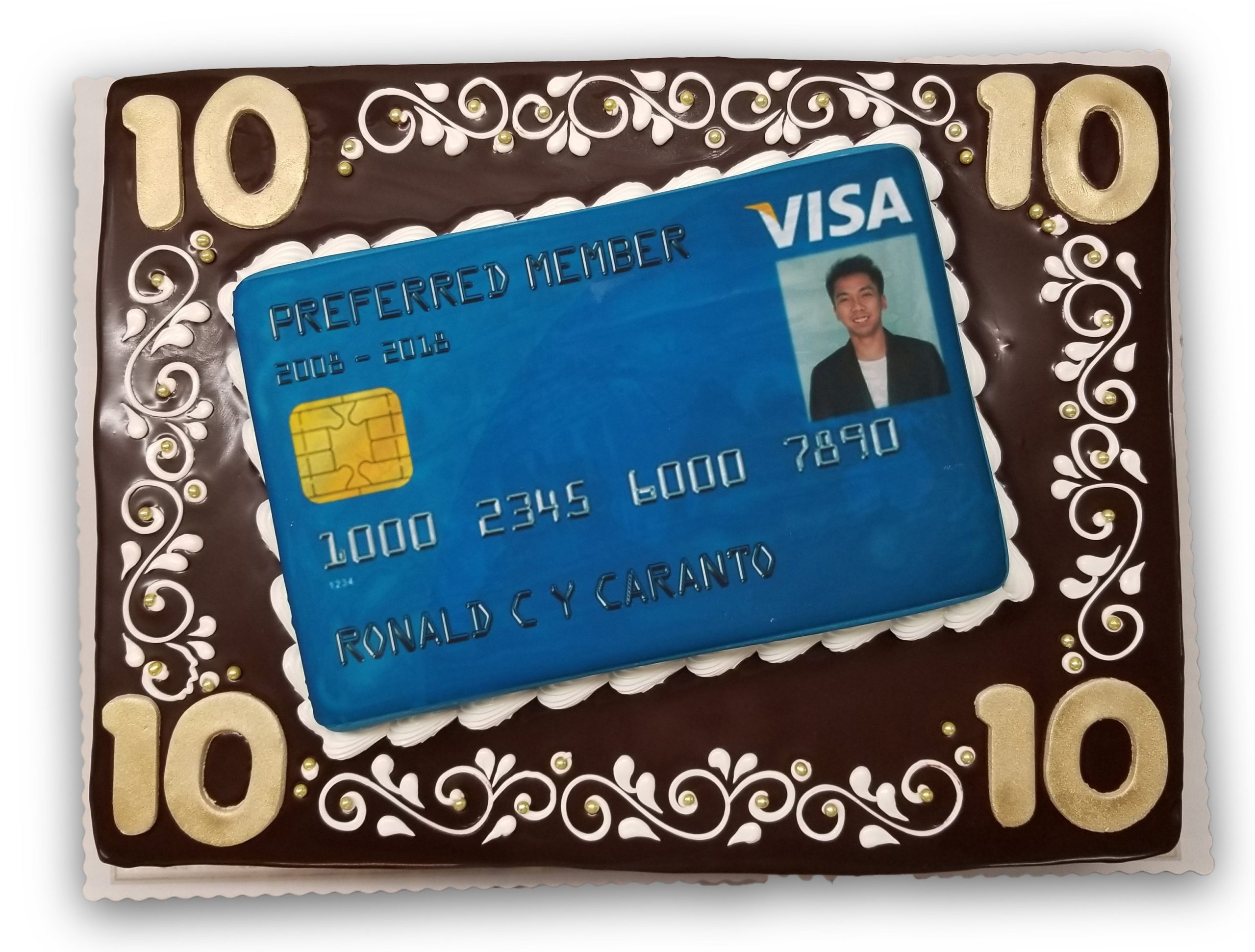 10 year workiversary cake with scanned visa card image