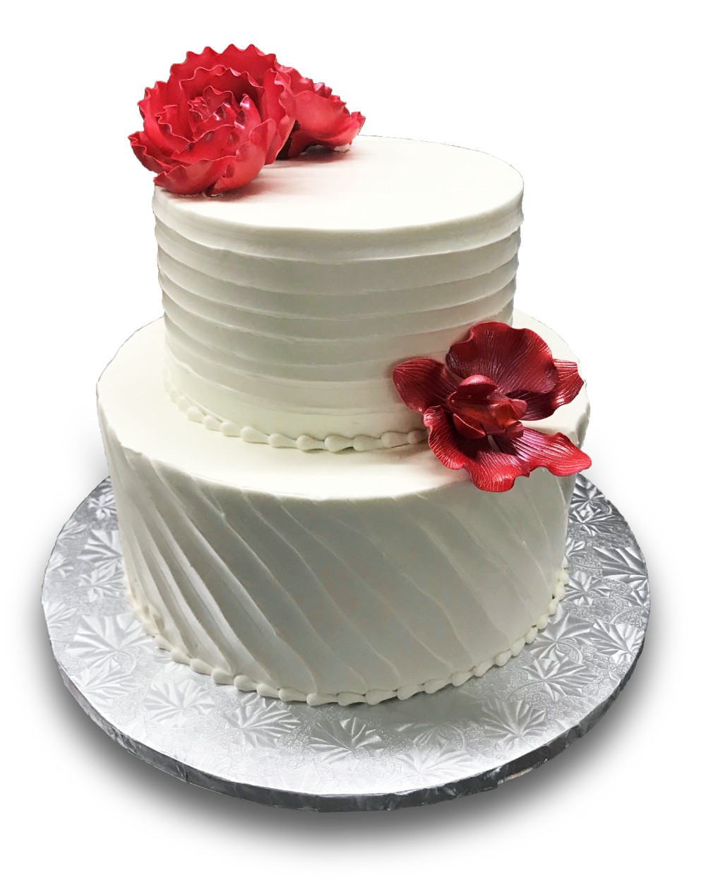 Homespun wedding cake with coral red gumpaste flowers