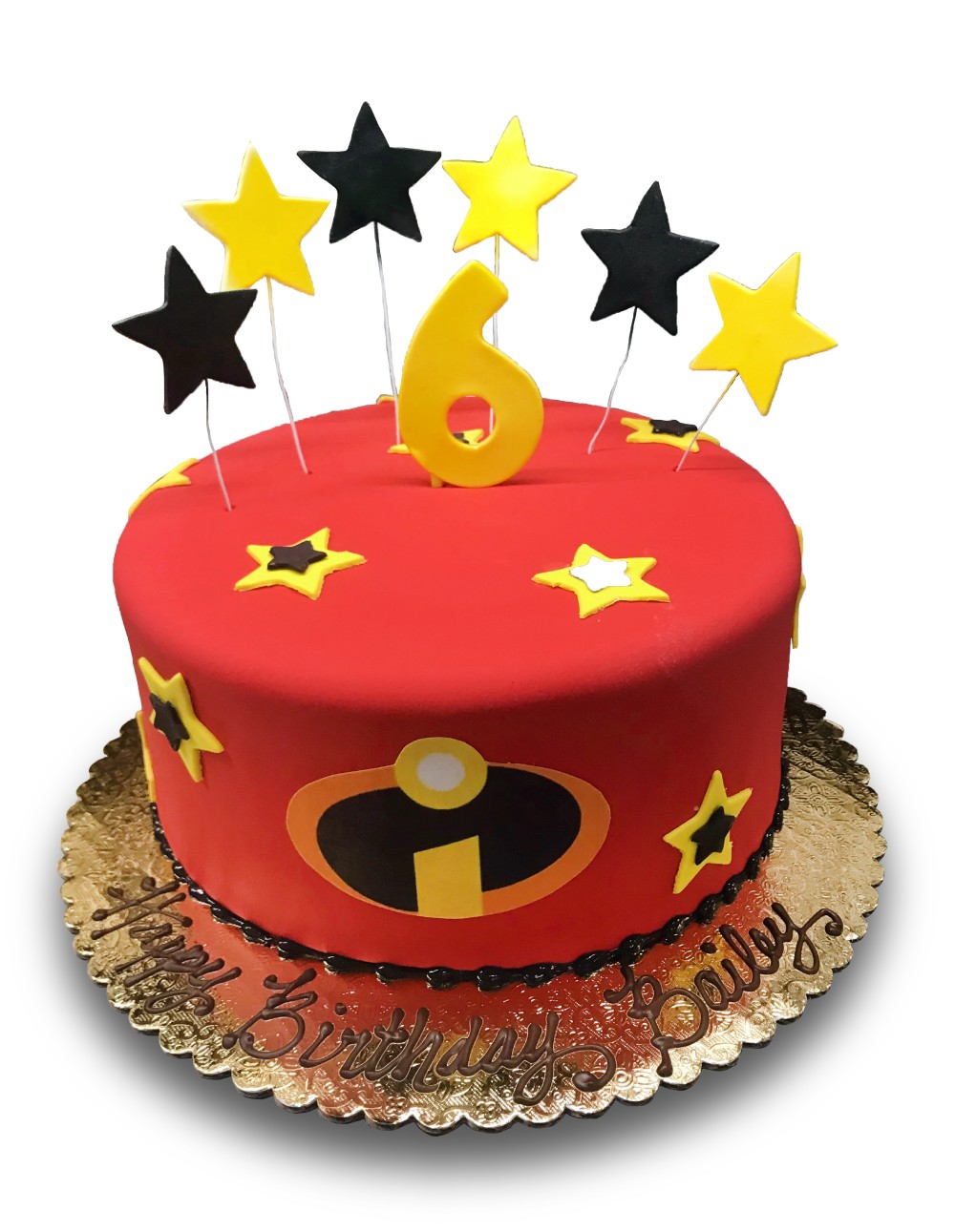 Fondant covered Incredibles cake with scanned logo and gumpaste stars