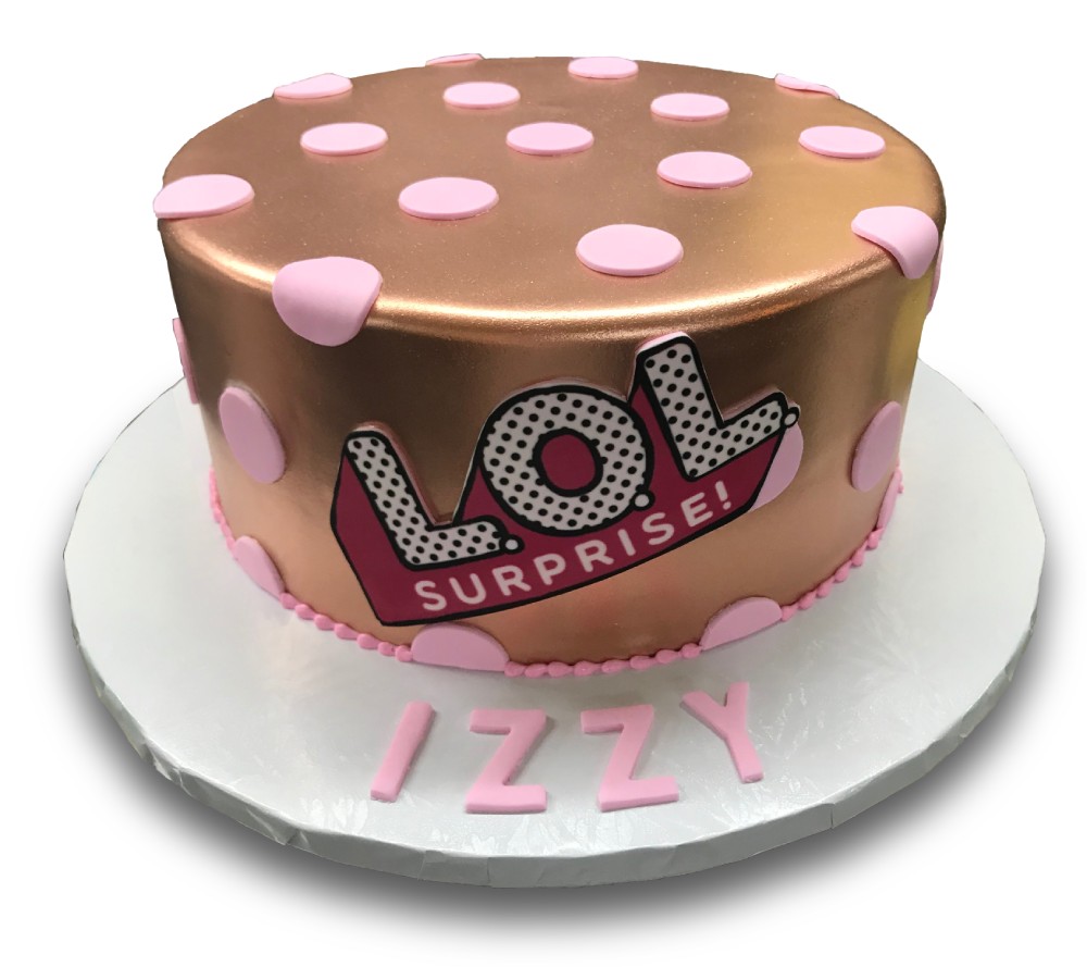 Rose gold fondant covered cake with pink polka dots and scanned logo