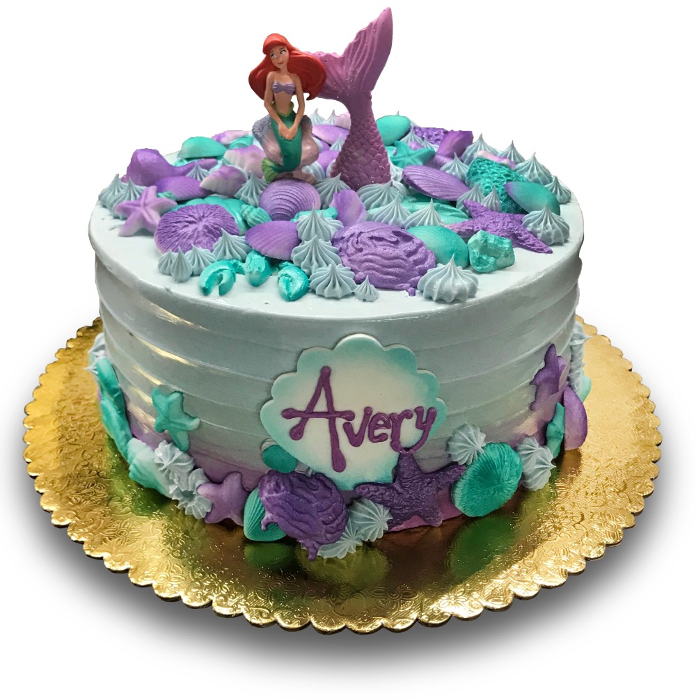 Homespun mermaid cake with sugar shells, gumpaste fish tail and Ariel.