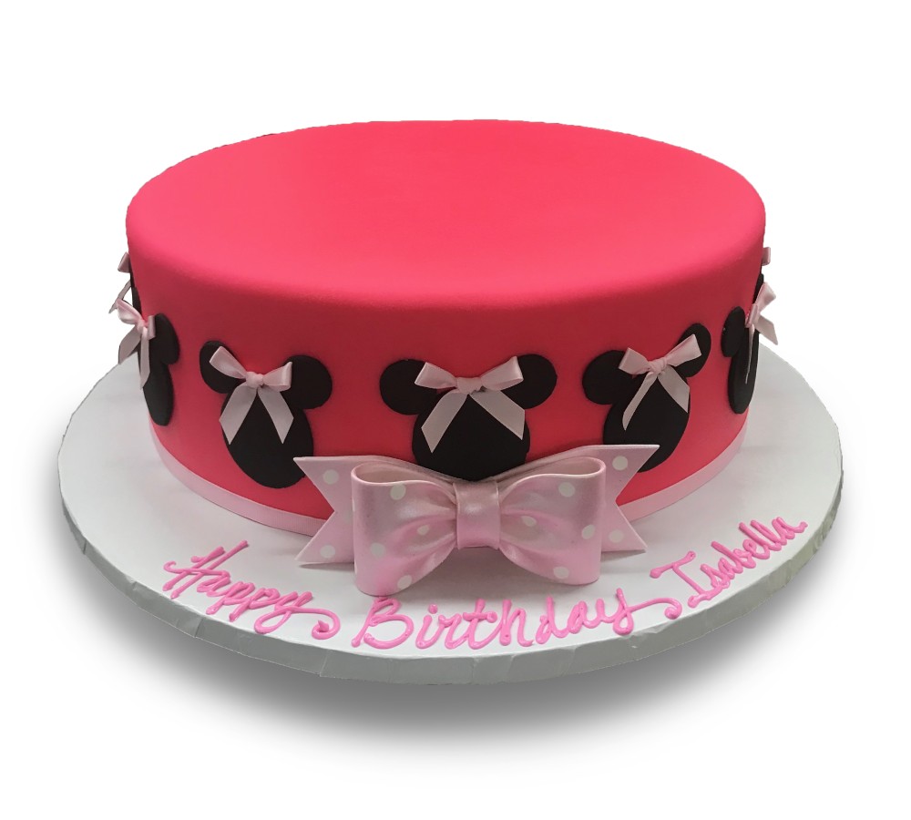 Fondant covered Minnie Mouse silhouette cake with bows