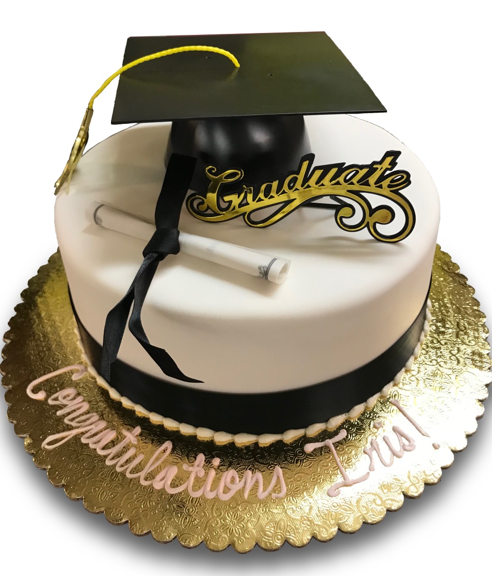 Simple graduation cake with cap, scroll and ribbon