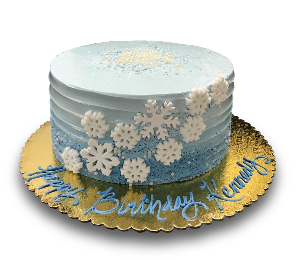  AB038. Blue ombre homespun birthday cake with sugar snowflakes