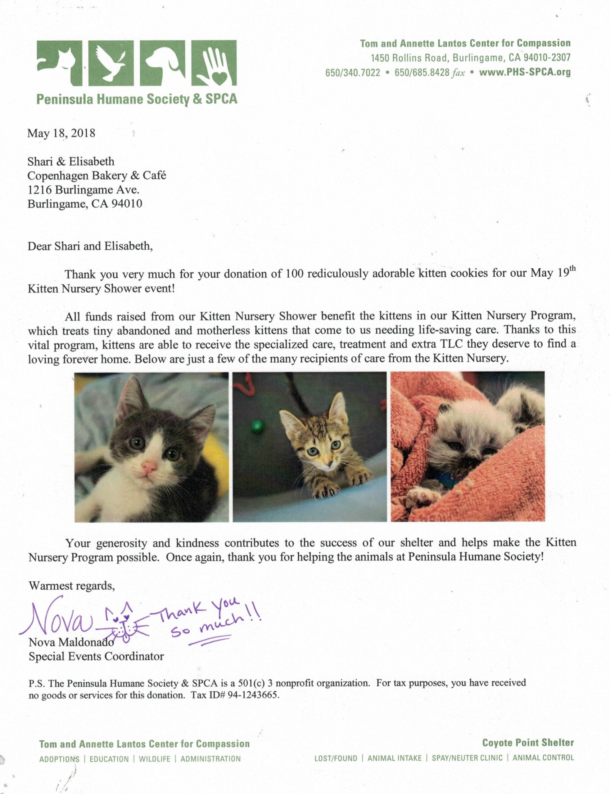 Cutest thank you letter from the Peninsula Humane Society.